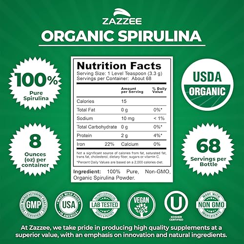 Vista 2 de Zazzee Polvo de Espirulina Orgánica, 8 onzas, Certificado USDA, 68 porciones, 100% puro, Kosher, no irradiado, envase de boca ancha sin derrames