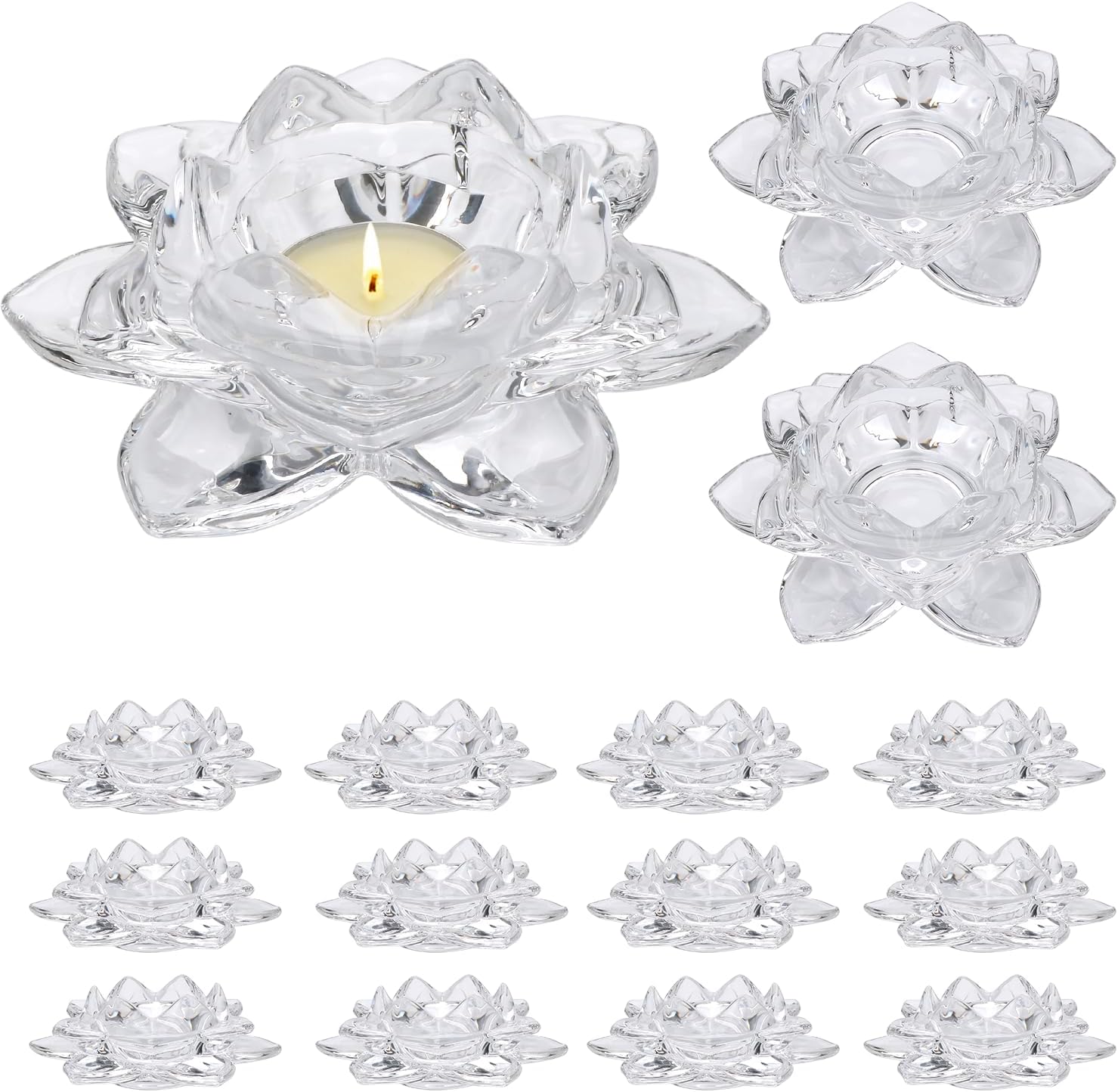 Crystal Glass Lotus Candle Holders, Crystal Tealight Candle Holders, Votive Candle Holder for Home Decor, Wedding &Party, Set of 15