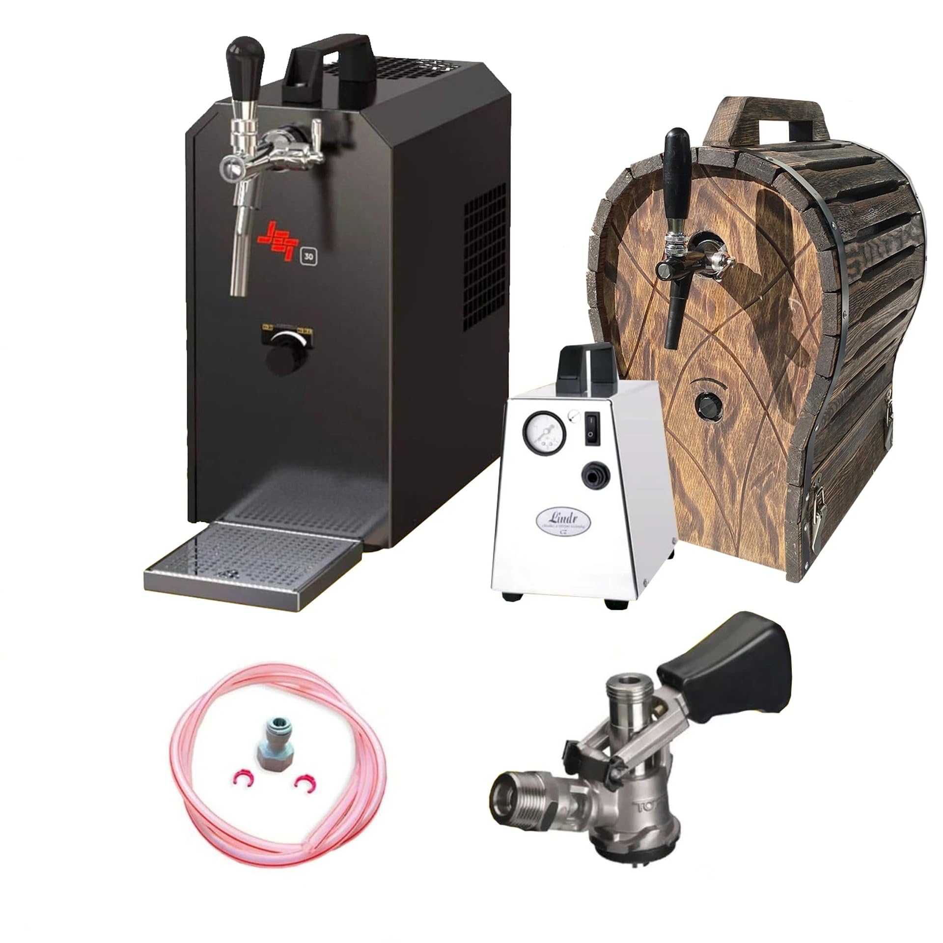 Kit Completo dispensador de Cerveza Jet 30 con maletín, Enfriador de Flujo Continuo 1 vía hasta 35 l/h, Barril de Madera, Grifo Triangular y keg Tipo G