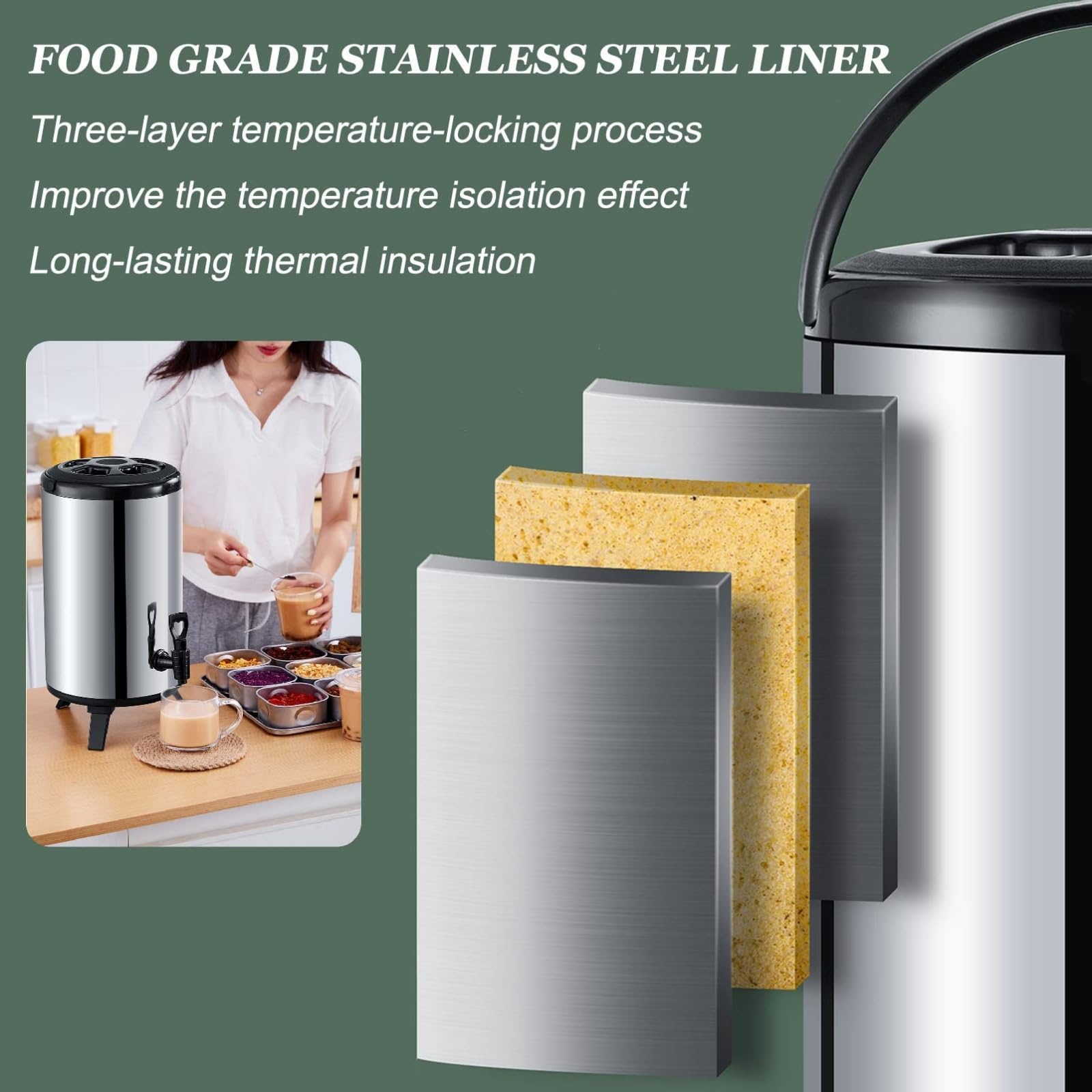 Dispensador De Bebidas con Aislamiento De Acero Inoxidable, Dispensador De Bebidas con Jarra De Café Fría Y Caliente Térmica con Aislamiento Y Grifo para Agua Caliente, Té, Leche, Jugo,12L