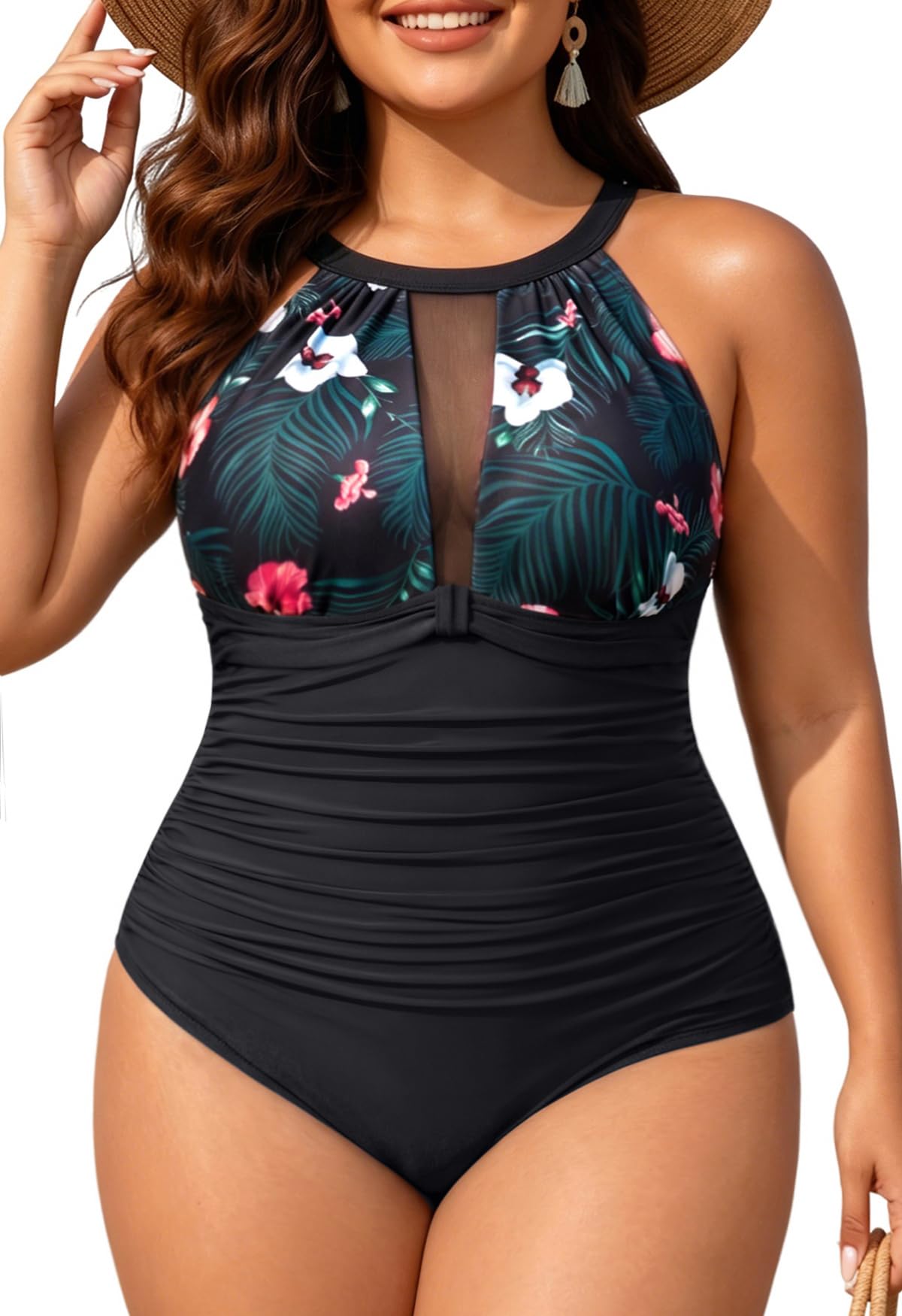 Aqua Eve Plus Size Swimsuit Women One Piece Swimsuit Tummy Control High Neck Bathing Suit Ruched Swimwear