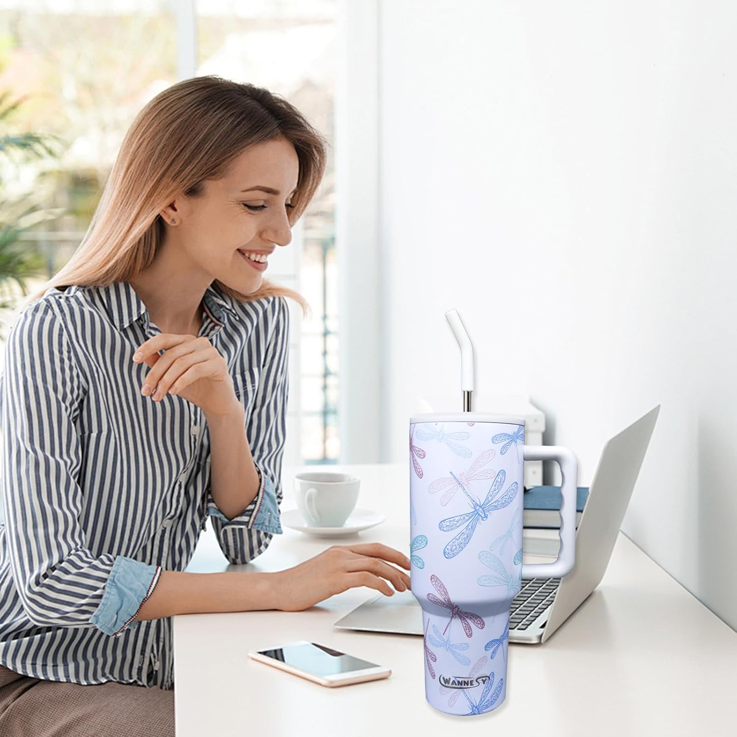 40 oz Dragonfly Tumbler With Handle and Straw Lid - Themed Gifts for Dragonfly Lovers, Women, Girls - Double Insulated Cup, Travel Coffee Mug - Image 5