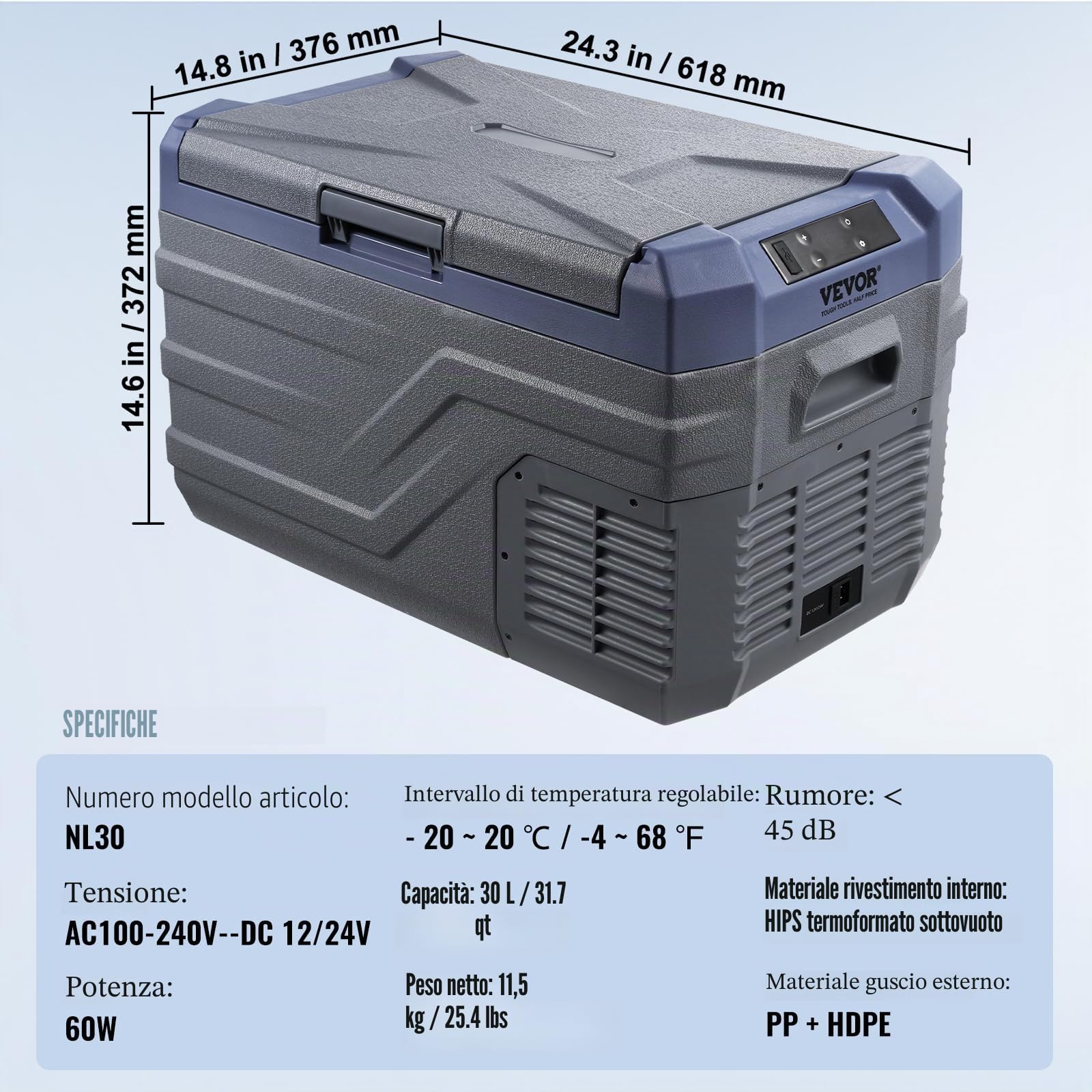 VEVOR Frigorifero per Auto 12V 30L Congelatore Portatile Compressore -20~20℃