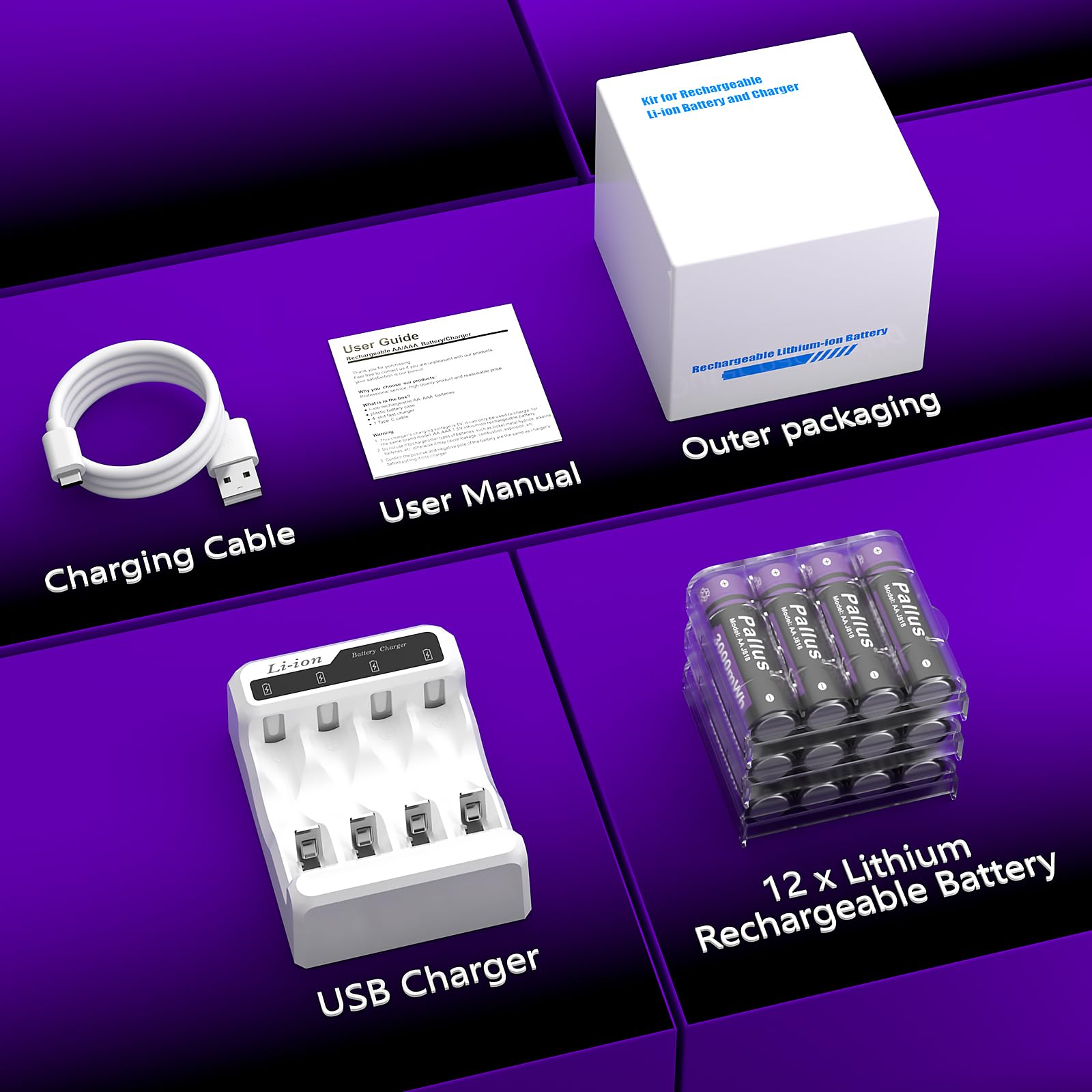Pallus Lot de 12 Piles AA Rechargeables au Lithium, Haute Capacité de 3000 mWh, Jusqu'à 1600 Cycles, Chargeur Rapide de 2 Heures avec 4 Emplacements Indépendants