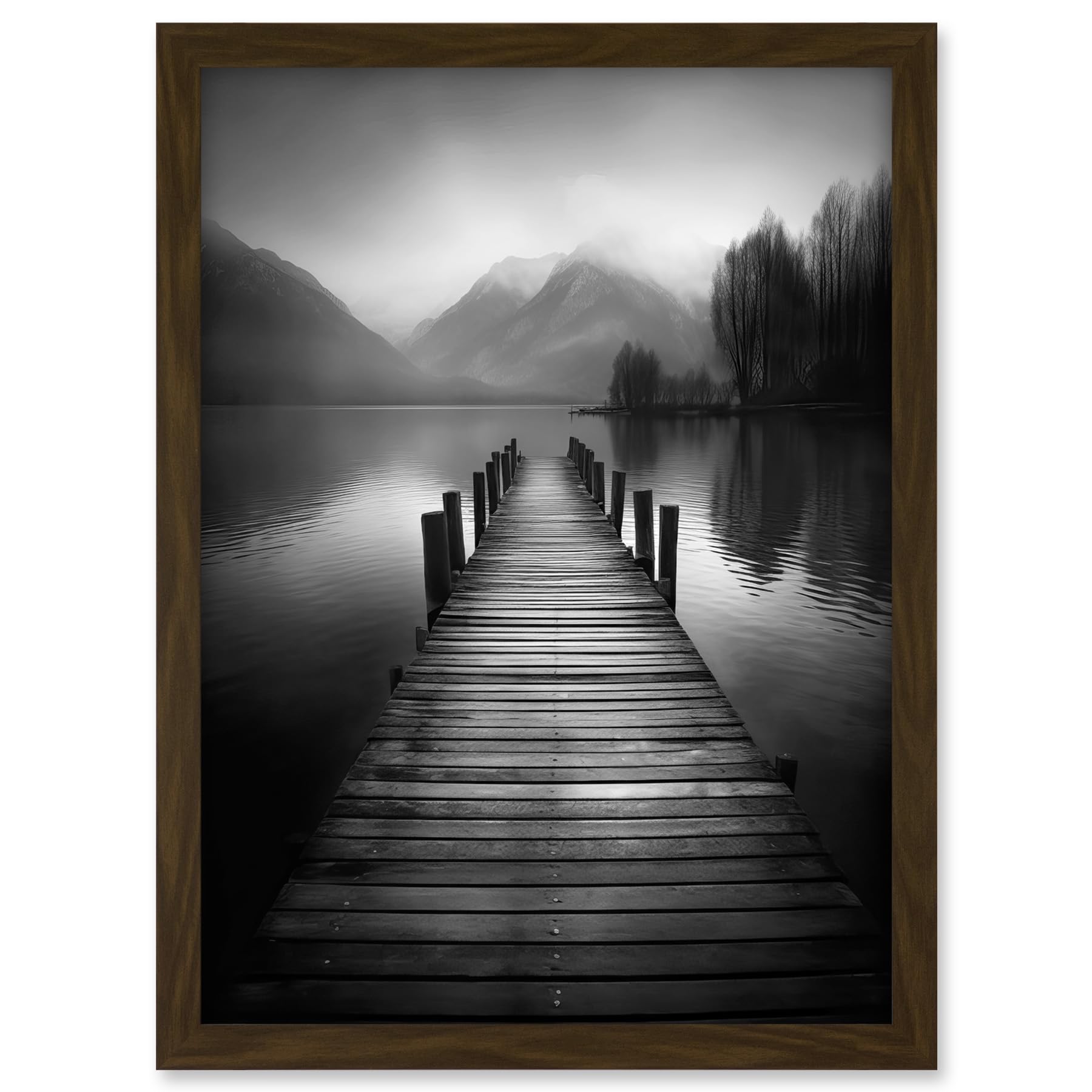 Artery8 Lake Pier Mountain Landscape Black and White Photo Artwork Framed A3 Wall Art Print