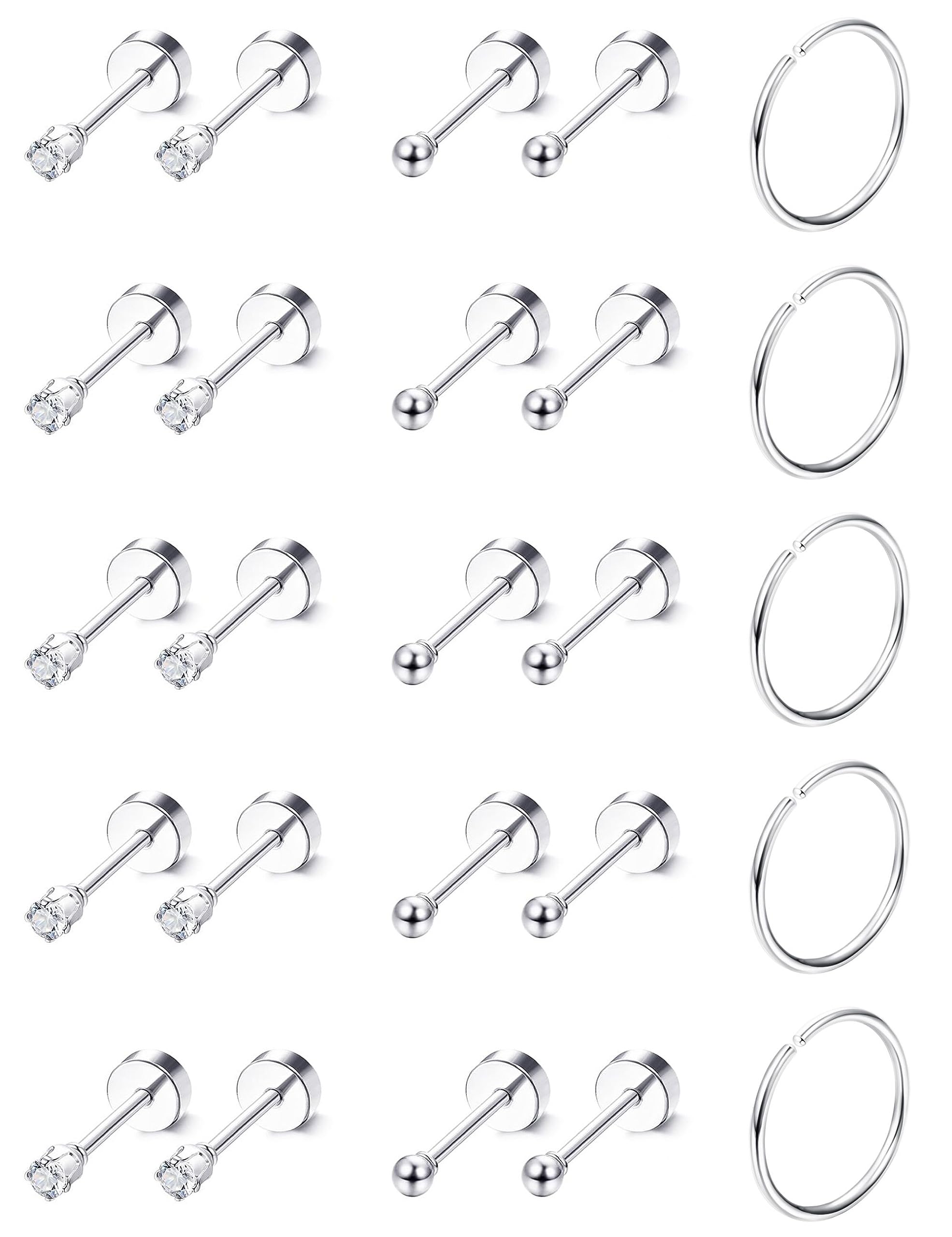 LOLIAS 15 Pairs Tiny Surgical Steel Gold Stud Earrings, Comfortable Screw Back Flat Back Earrings with CZ Dot Ball Stones, 2mm, 20G