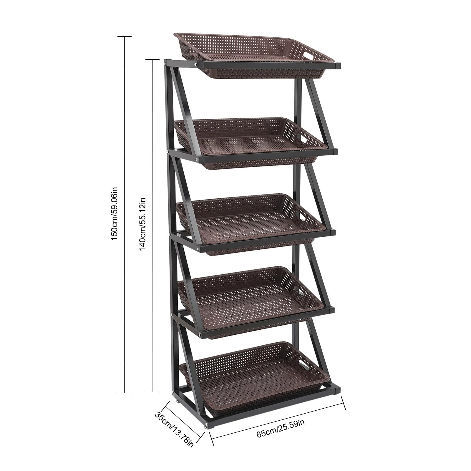 Scaffale portafrutta e Verdura per supermercati Commerciali a 5 Ripiani, espositore per Vendita al Dettaglio a Fila Singola con 5 cestini, Set di cestini per Snack 25,6'' × 13,8''