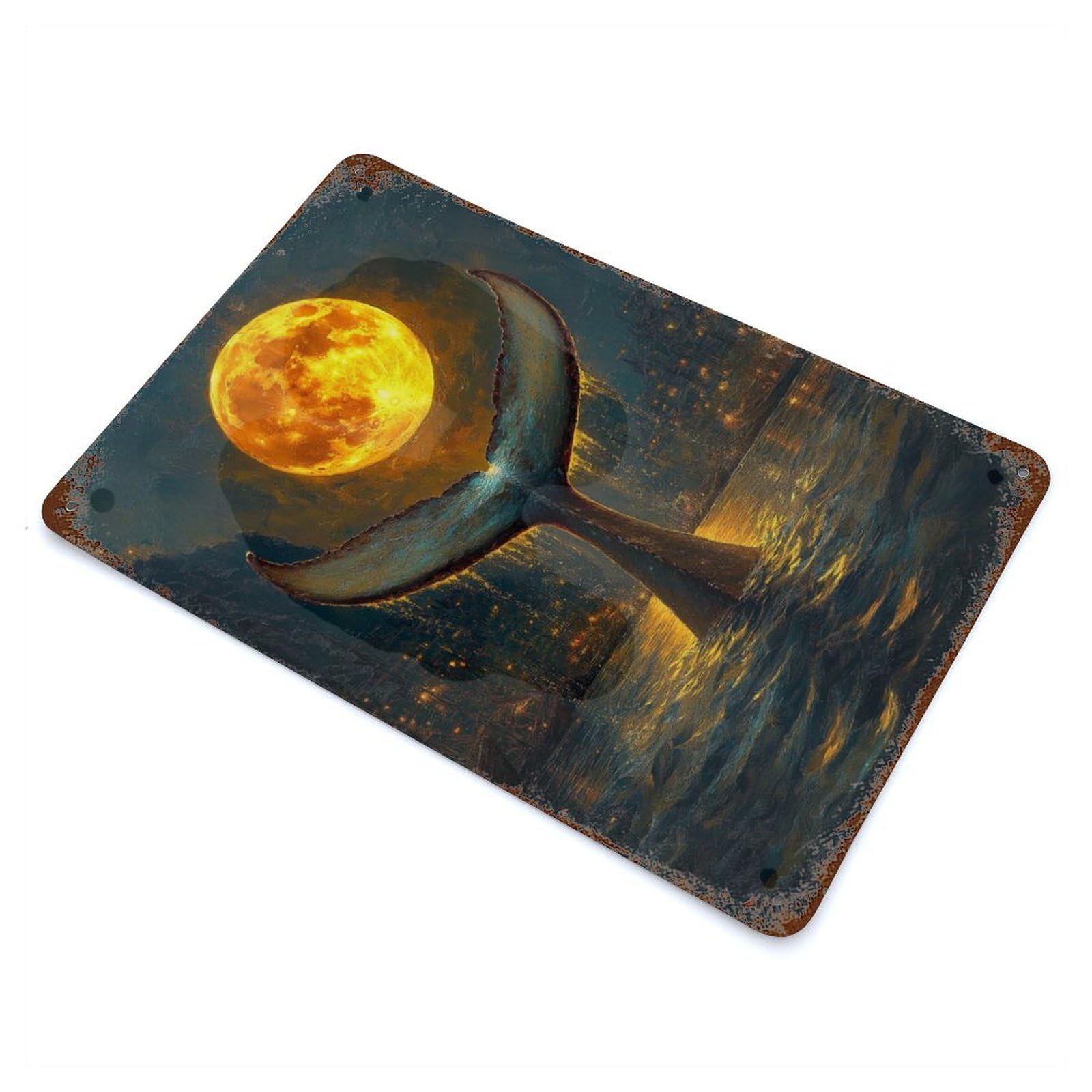 Rust Effect Moonlit Whale Rise Vintage Rust Metal Sign 11.8"x7.9", Rustic Home Decor for Farmhouse, Kitchen And Entryway Decor