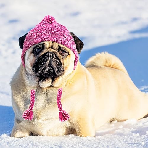 Miniatura 5 de Gorro de invierno para perro, 2 piezas, cálido gorro de pompón, gorro de punto para perro cachorro con agujeros para las orejas, gorro de punto para