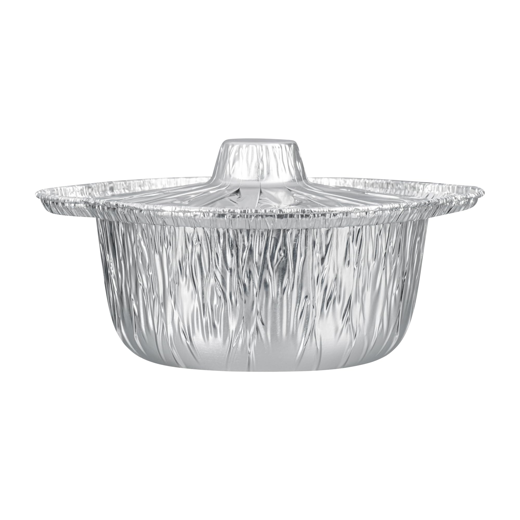 Restaurantware Foil Lux - Sartenes y tapas de 34 onzas, 10 ollas desechables con tapas, listas para horno, compatibles con estufas, bandejas de aluminio para hornear, congelables, para acampar al aire