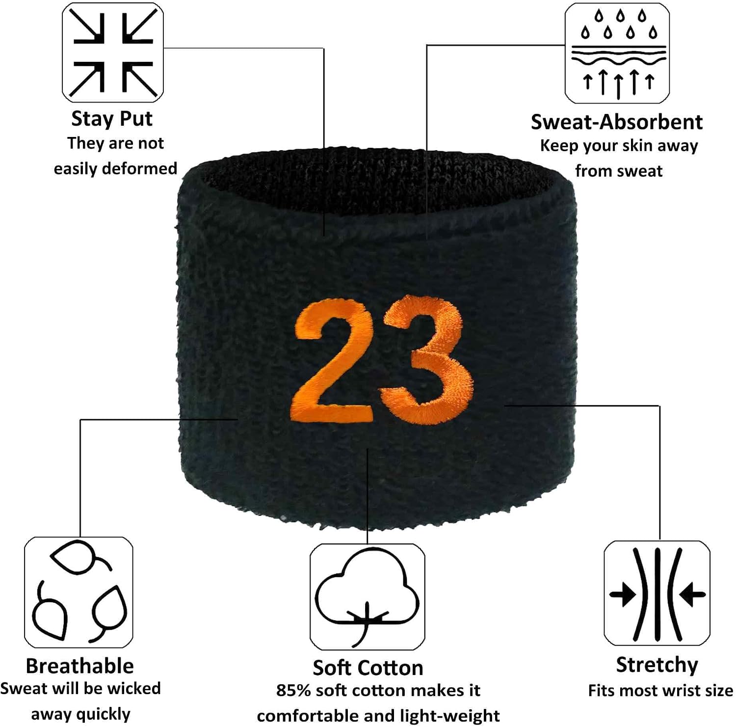 Couver Unisex Black Sports Sweat Wristband with Number Embroidery, Soft Terry Cloth Athletic Wristband, One Size Fits Most, 1 Piece