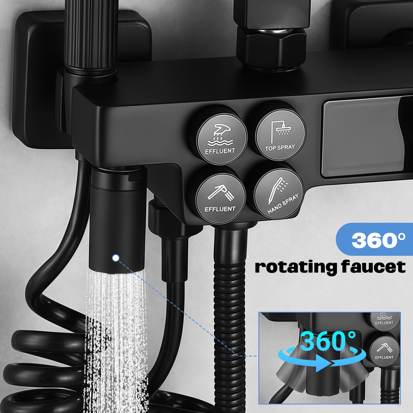 Columna de Ducha Termostática, Columna Ducha Negra con Grifo y Pantalla LED, Duchas de Baño Columna Bañera Altura Ajustable, Set Ducha 4 Modos Alcachofa de Ducha, Chorro, Grifo, Ducha Lluvia 30 x 20cm