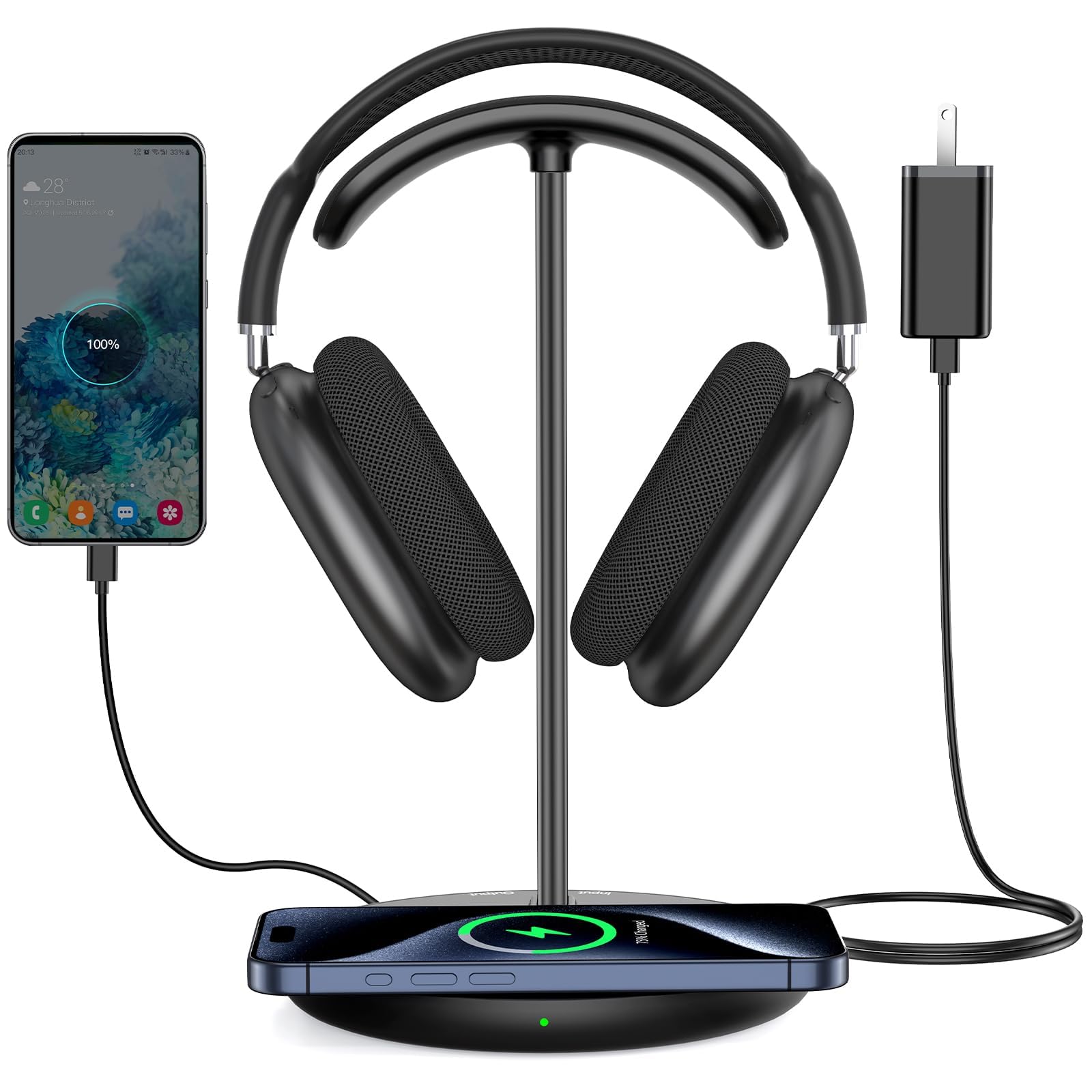 Miroddi Headphone Stand with Wireless Charger, Independent USB Charging Port, 5 in 1 Charging Station Headset Holder Rack for AirPods Max/Pro/4/3/2,