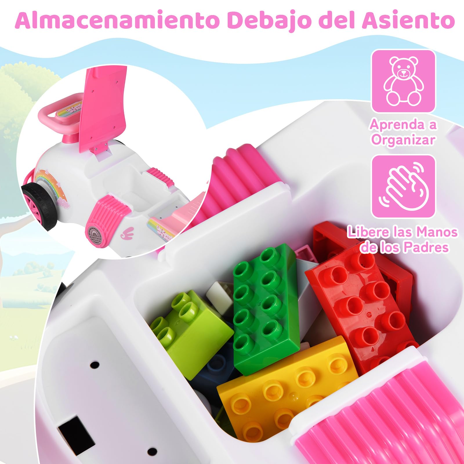 COSTWAY Coche de Correpasillos para Niños, Coche Deslizante de Pie a Suelo con Música y Almacenaje Bajo Asiento, Cochecito Infantil con Ruedas Universales para Niños de 19 a 36 Meses (Unicornio)