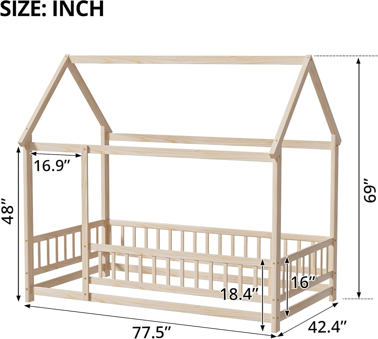 LLS Twin Montessori Bed Frame, Wooden House Bed with Fence and Roof, Floor Bed for Boys Girls Bedroom, Natural