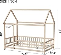 Vista 1 de LLS Marco de cama Montessori gemelar, cama de casa de madera con cerca y techo, cama de piso para dormitorio de niños y niñas, natural