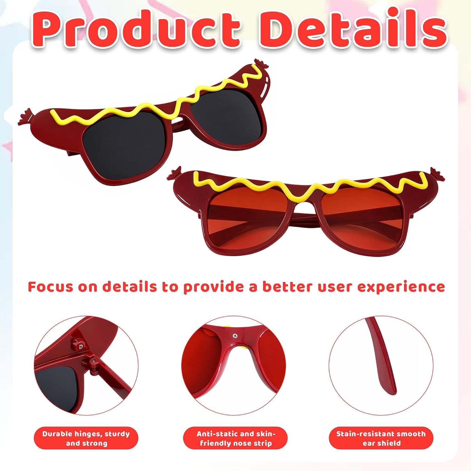 BOWRICH 6 Pcs Hot Dog Glasses, Funny Dance Makeup Party Glasses Hot Dog Eyeglasses for Halloween Masquerade Party Summer Party Luau Party Decorations Wedding Photo Props