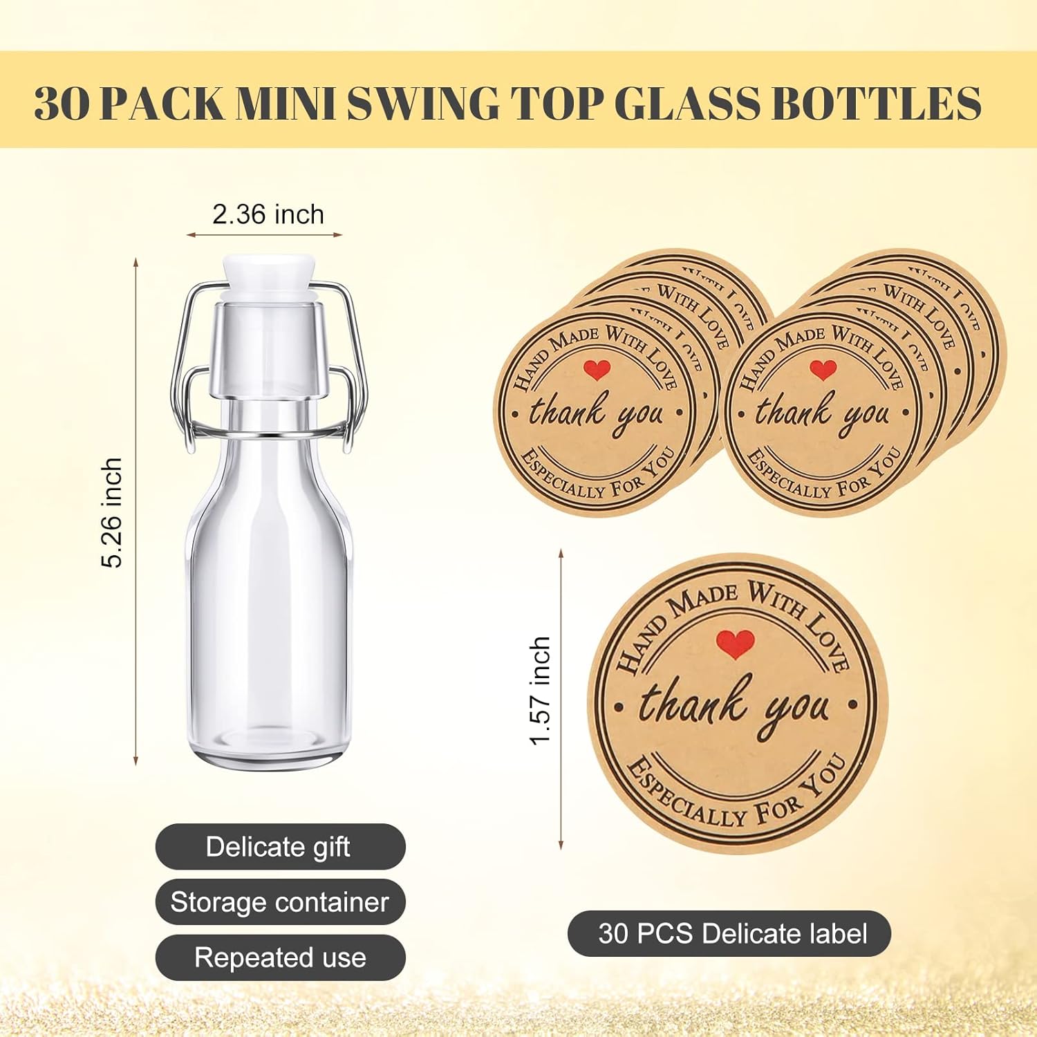 30 PCS Mini Flip Top Glass Bottle with Stoppers Decorative Small Swing Top Glass Bottles with Lids Kraft Adhesive Round Stickers for Wedding Themed Party(4OZ/120 ml)