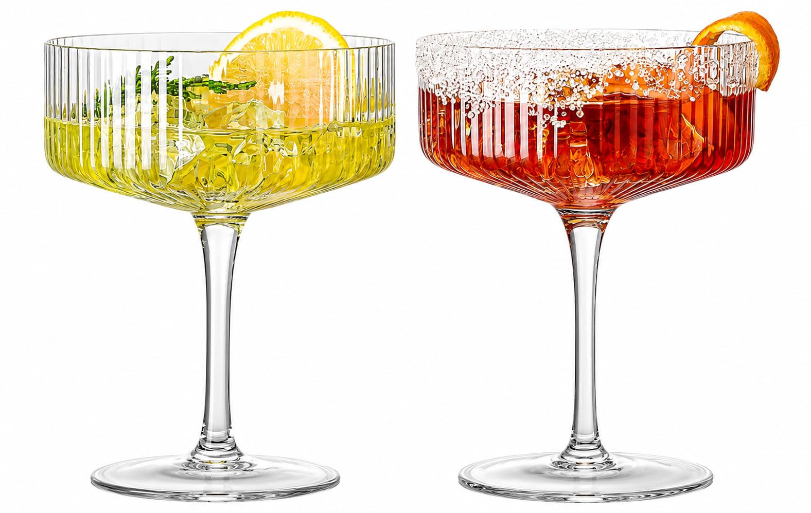 CASAQUA Vintage Art Deco Coupe Glasses, Set of 2, 210ML Ribbed Coupe Cocktail Glasses, Classic Martini Glasses, Elegant Hand Blown Manhattan Goblet for Bar, Martini, Cosmopolitan, Gimlet, Pisco Sour