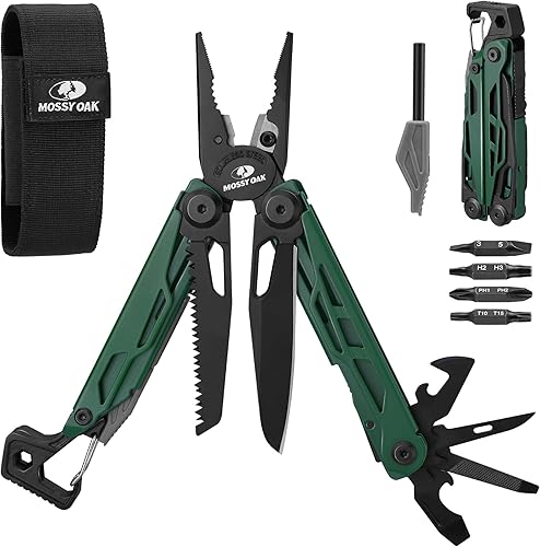 MOSSY OAK Alicates multiherramienta mecanizados CNC, multiherramienta 17 en 1 con cuchillo de bolsillo, arrancador de fuego y silbato, abridor de