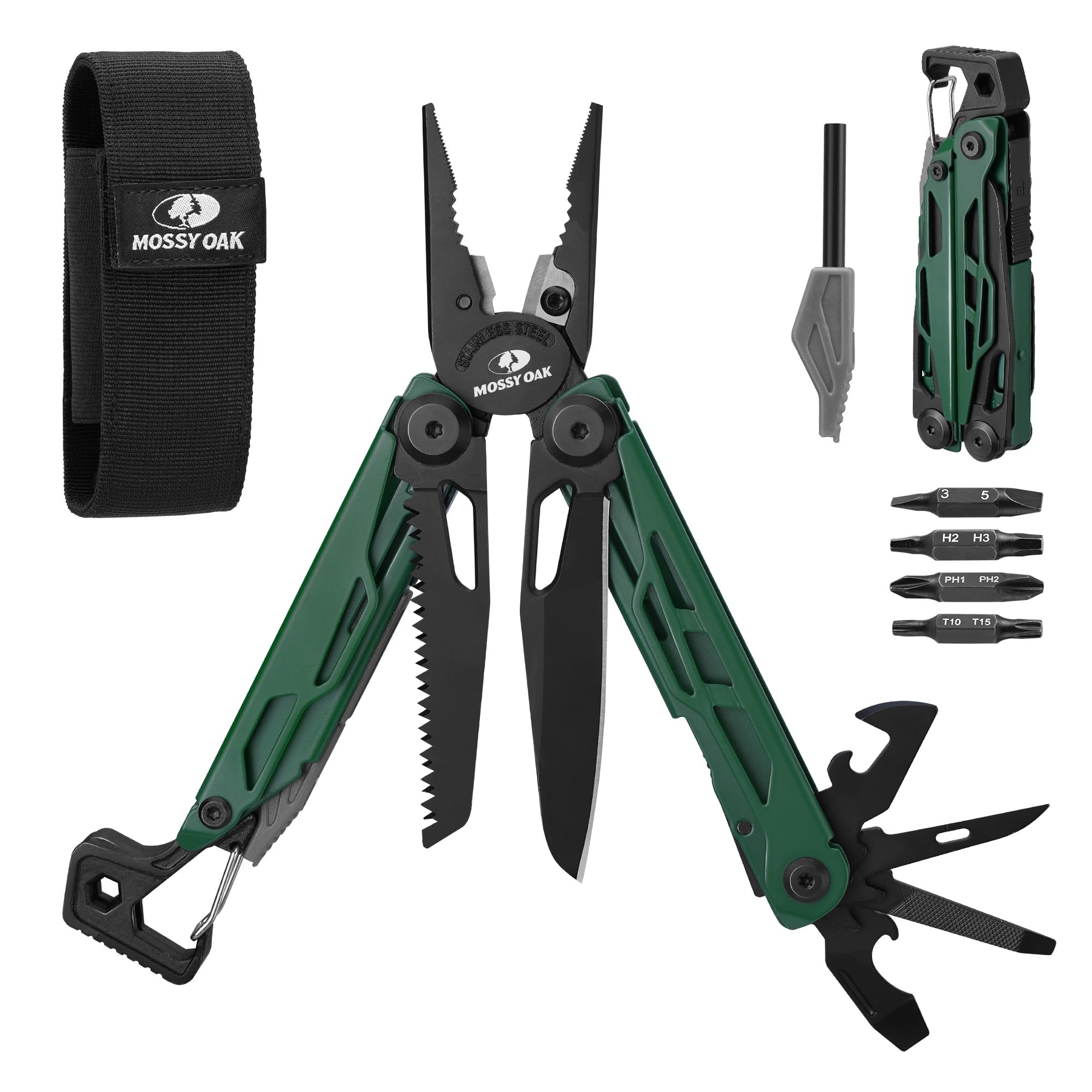 MOSSY OAK CNC-Machined Multitool Pliers, 27-in-1 Multi Tool with Pocket Knife, Fire Starter & Whistle, Bottle Opener, Screwdriver – Self-Locking