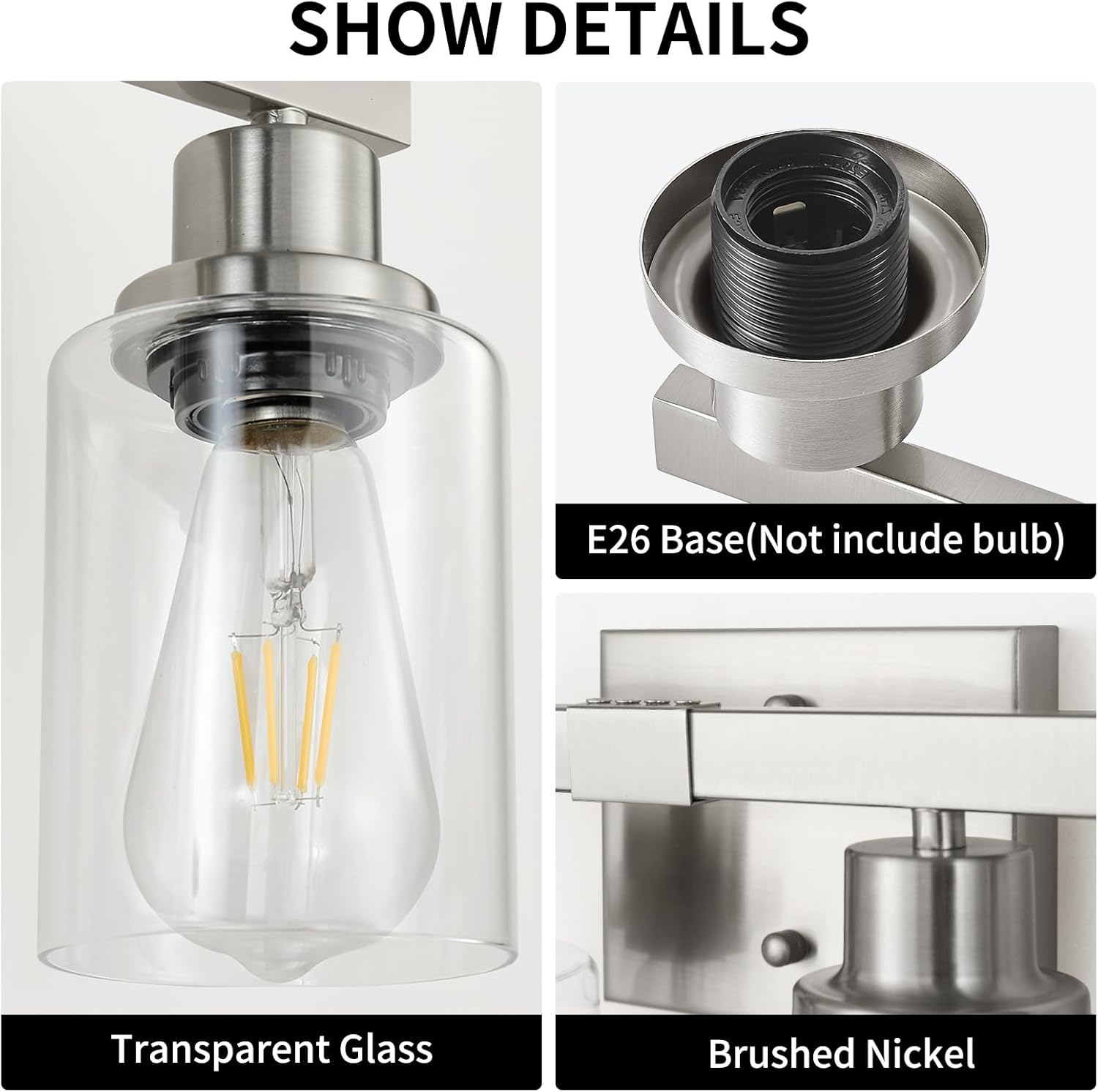 Bathroom Vanity Light, 4-Light Nickel Modern Matte Wall Sconce Lighting with Clear Glass Shade, Wall Lights,Bath Vintage Wall Mounted Lamps for Mirror Bedroom Living Room