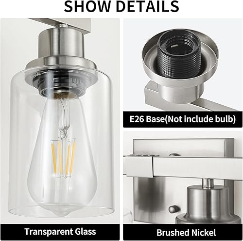 Miniatura 3 de Lámpara de tocador de baño, lámpara de pared mate moderna de níquel de 4 luces con pantalla de vidrio transparente, lámparas de pared, lámparas de