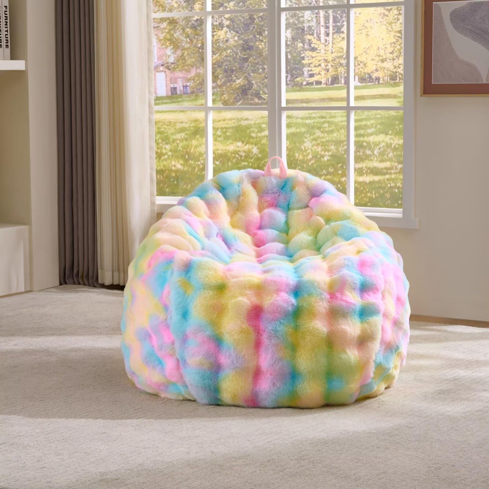 Fluffy Faux Rabbit Fur Bean Bag Chair Cover(No Filler),Cozy Shaggy Bubble Stuffed Animal Storage Large Bean Bag Cover for Bedroom Living Room,Fuzzy Bean Bag Cover Girls Teens Adult,Rainbow