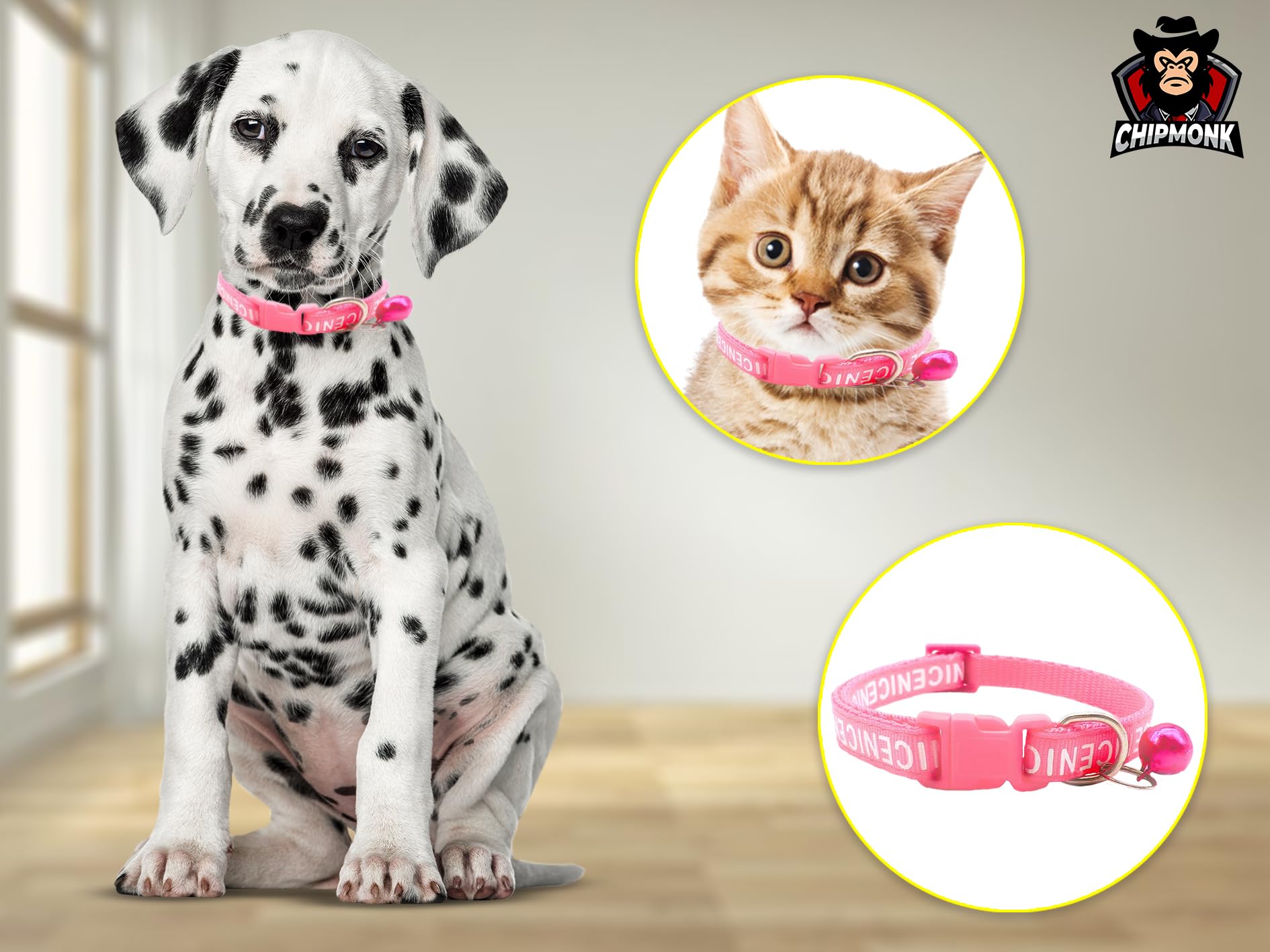 Chipmonk Cat & Puppy Collar with Bell,Kitten & Small Dogs Soft Adjustable,Safe,Solid & Protective Breakaway for Cats & Puppies,Cute Kitty Neckband with Nice Print-(Pink) 1