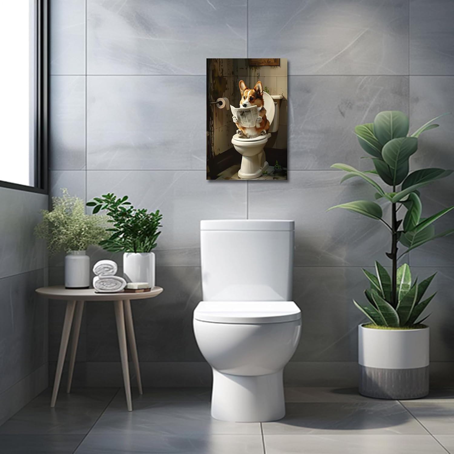PBXBJY Bathroom Corgi Wall Art Funny Dog Bathroom Decor Corgi on Toilet Poster Prints Cute Animal Canvas Artwork for Restroom Toilet Wall Decor Framed (16.00" x 24.00")