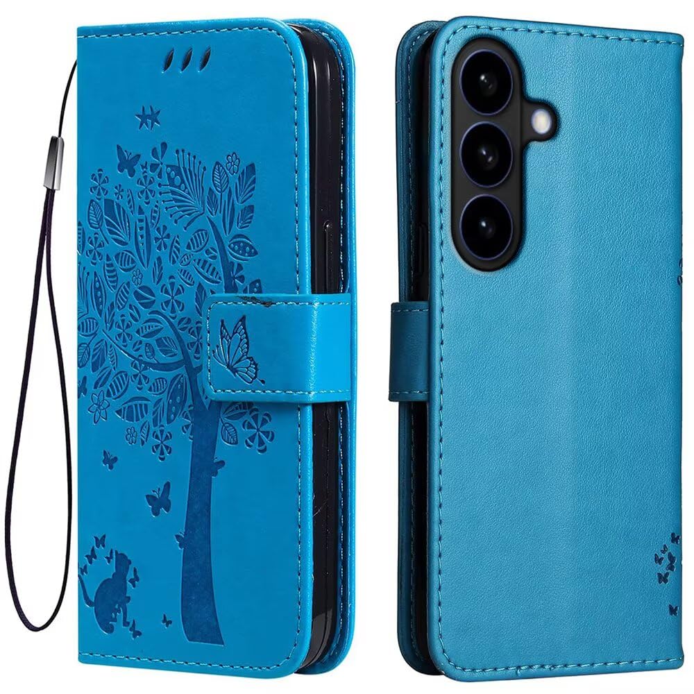 Topme Leather Case for Samsung Galaxy S26 (6.3" Inches), [cat and Tree Pattern Style Phone Case] - Blue