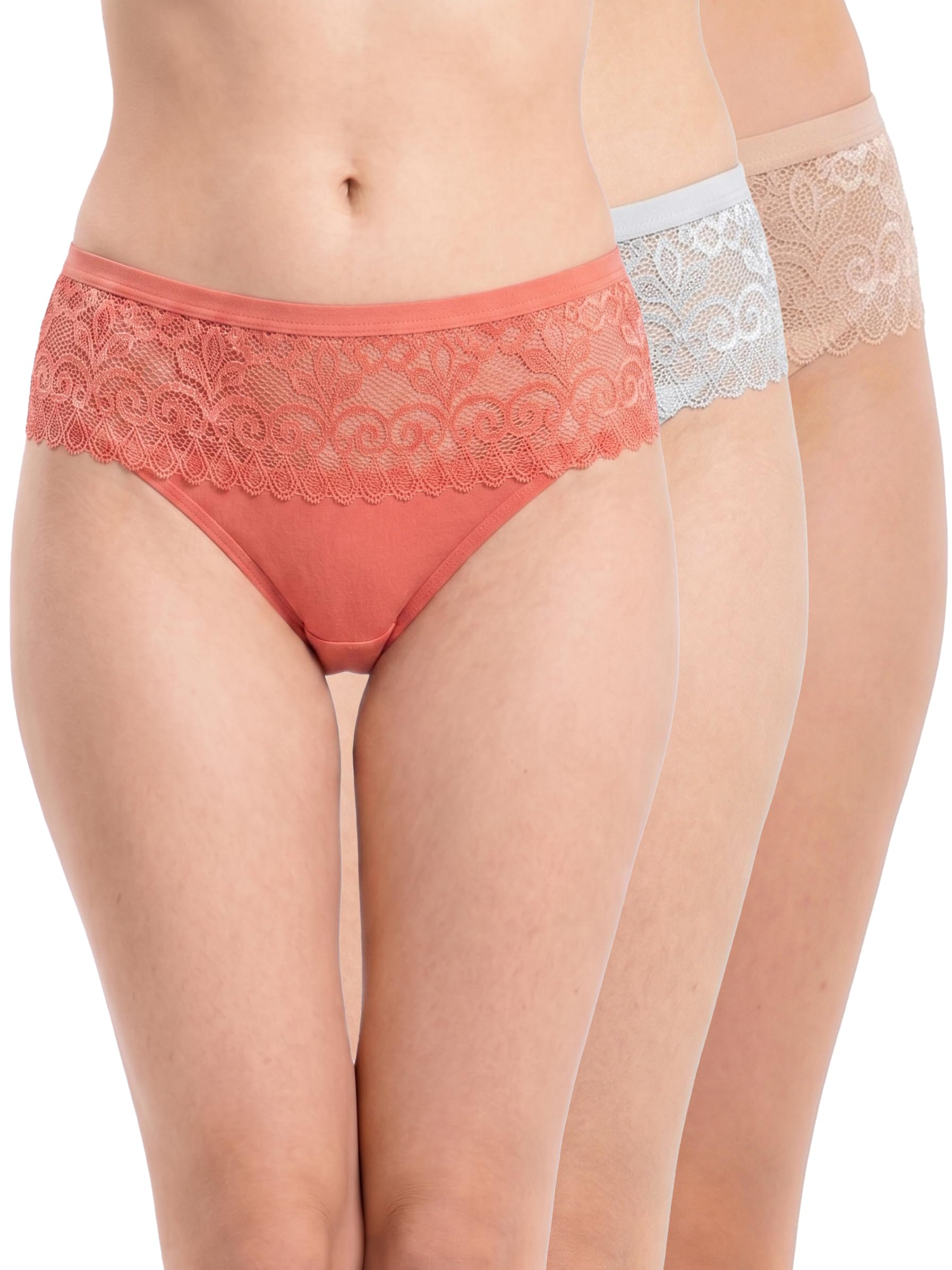 Women’s Mid-Rise Lace Waist Cotton Bikini Panties Stretch Everyday Briefs Lingerie Panty for Woman Pack of 2, Multicolor Coral, Golden, Grey-image-24