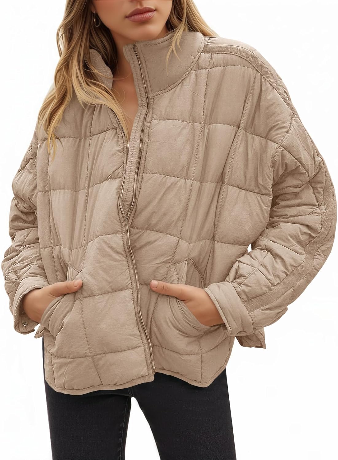 GeGekoko Women's Lightweight Oversized Long Sleeve Zip Water Resistant Packable Puffer Jacket Warm Short Winter Coat