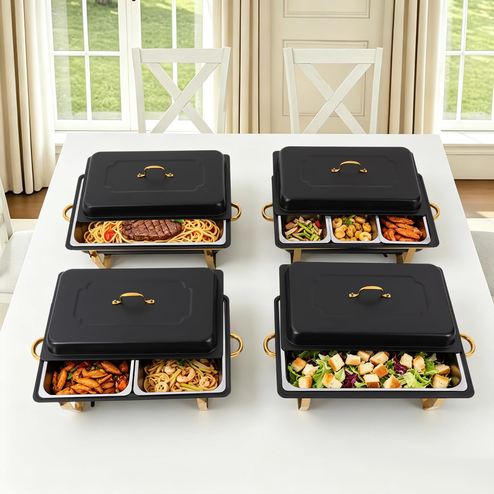 Chafing Dishes 9QT zestaw 4 sztuk, stal nierdzewna, na imprezy i wesela, czarne, odporne na zarysowania i plamy, zestaw do bufetu High Grade Chafing Dish, zwijane krawędzie