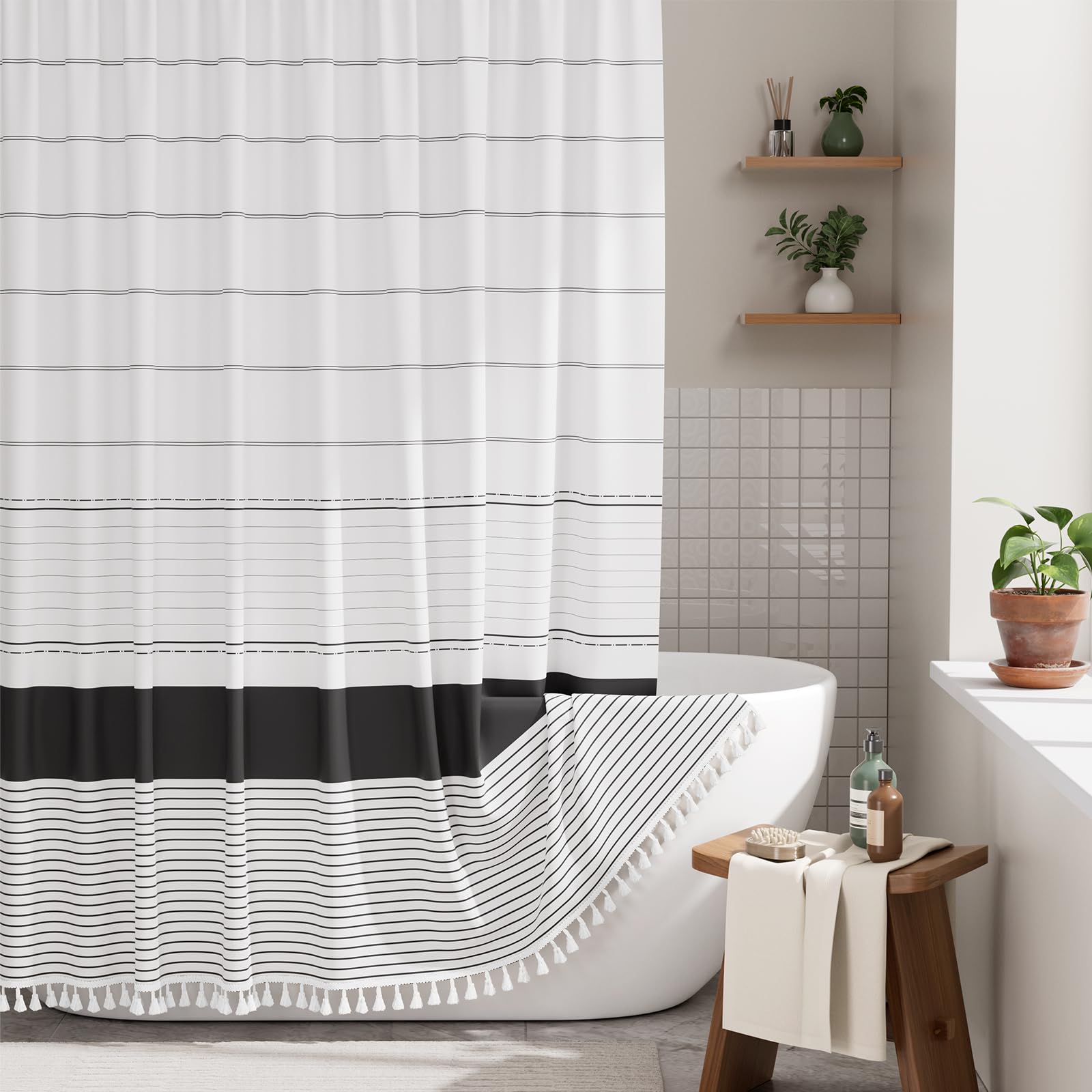 Photo 1 of AmazerBath Boho Shower Curtain Set, Rustic Faux Linen Black Striped Shower Curtain with Hooks, Modern Farmhouse Shower Curtain with Tassels, White Base Toned, 72x72 Inches