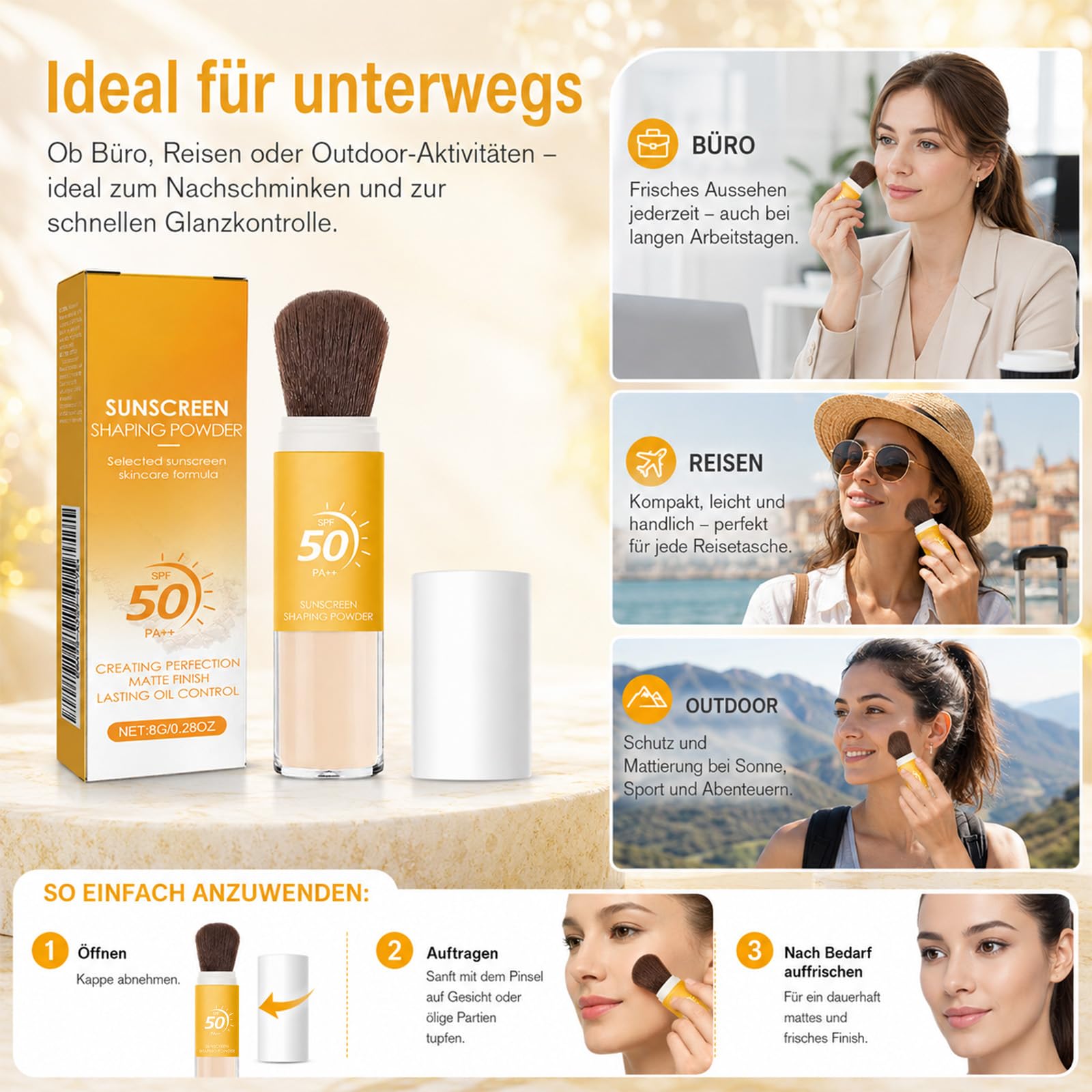EONFAVE Ochrona przeciwsłoneczna SPF 50 PA++, puder utrwalający z pędzlem, matujący puder utrwalający do twarzy z Oil Control, przezroczyste wykończenie makijażu w podróży