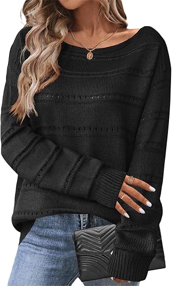 Boat Neck Loose Sweater for Women Long Sleeve Off Shoulder Hollow Knit Casual Fall Trendy Pullover Tops Dressy