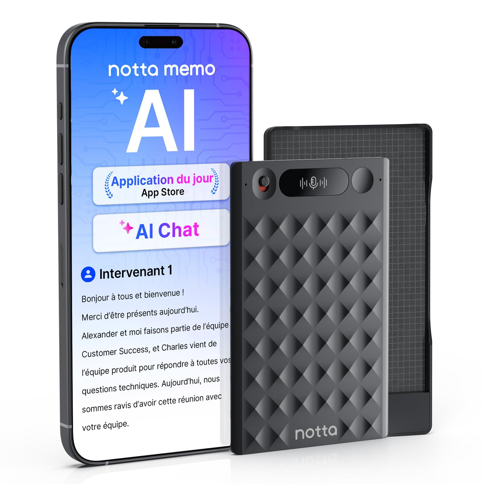 Enregistreur Vocal AI Notta Memo (Noir) avec Memo MagBridge, Transcription & Résumé AI 58 Langues, Mémoire 2000h, pour Appels/Réunions/Cours