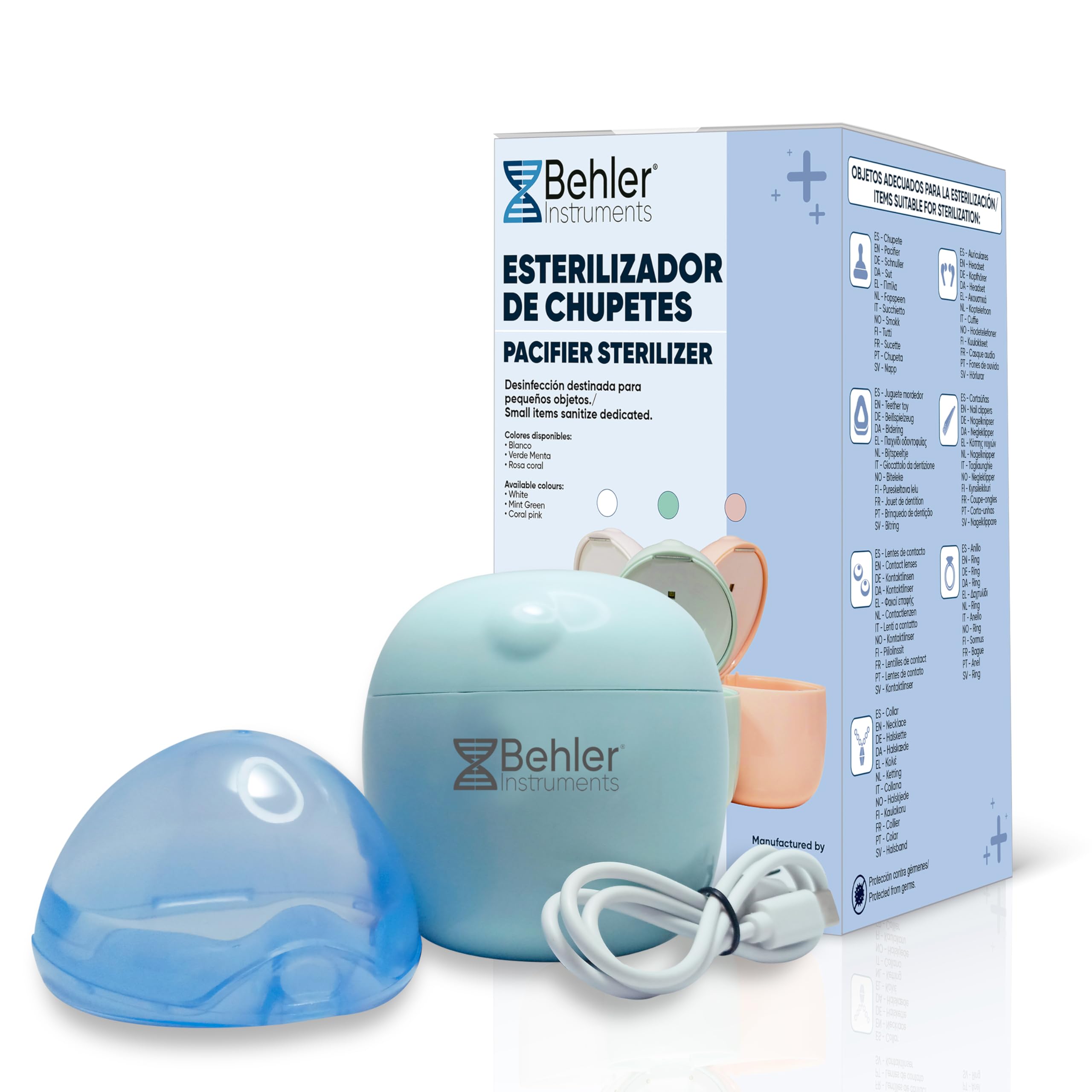 Sterilizzatore Ciuccio Portatile UVC-LED Behler – 99,99% Batteri Eliminati in 3 min, Box 8 cm Ricaricabile USB-C, Stand-by 180 gg, 2 LED, Laccio & Cavo Inclusi, ABS Sicuro per Neonati e Viaggio