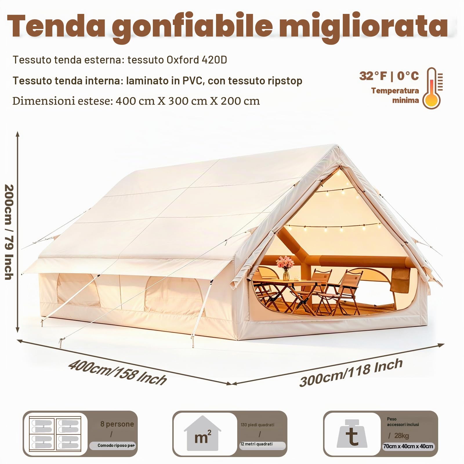 400 x 300 x 210 cm, gonfiabile, con finestra da tetto in PVC, per 4 – 10 p, tenda da esterno con pompa ad aria e finestra a rete, Oxford 420D, impermeabile, 3000 mm e UV50+ per 4 stagioni, 5 minuti