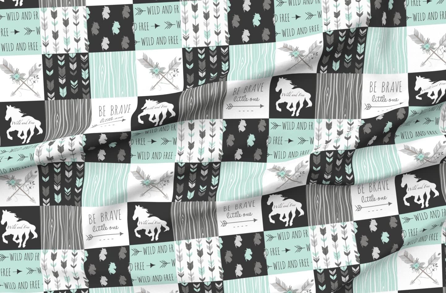 Spoonflower Fabric - Horse Patchwork Aqua Black Grey White Arrows Wild Horses Printed on Organic Cotton Sateen Fabric by The Yard - Sewing Quilting Apparel Home Decor