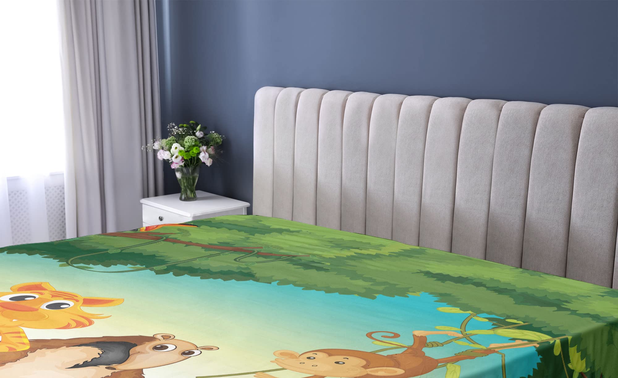 Ambesonne Zoo Fitted Sheet, Forest Scene with Different Animals Habitat Jungle Tropical Environment Cartoon, Bed Cover with All-Round Elastic Deep Pocket for Comfort, Queen Size, Green Orange