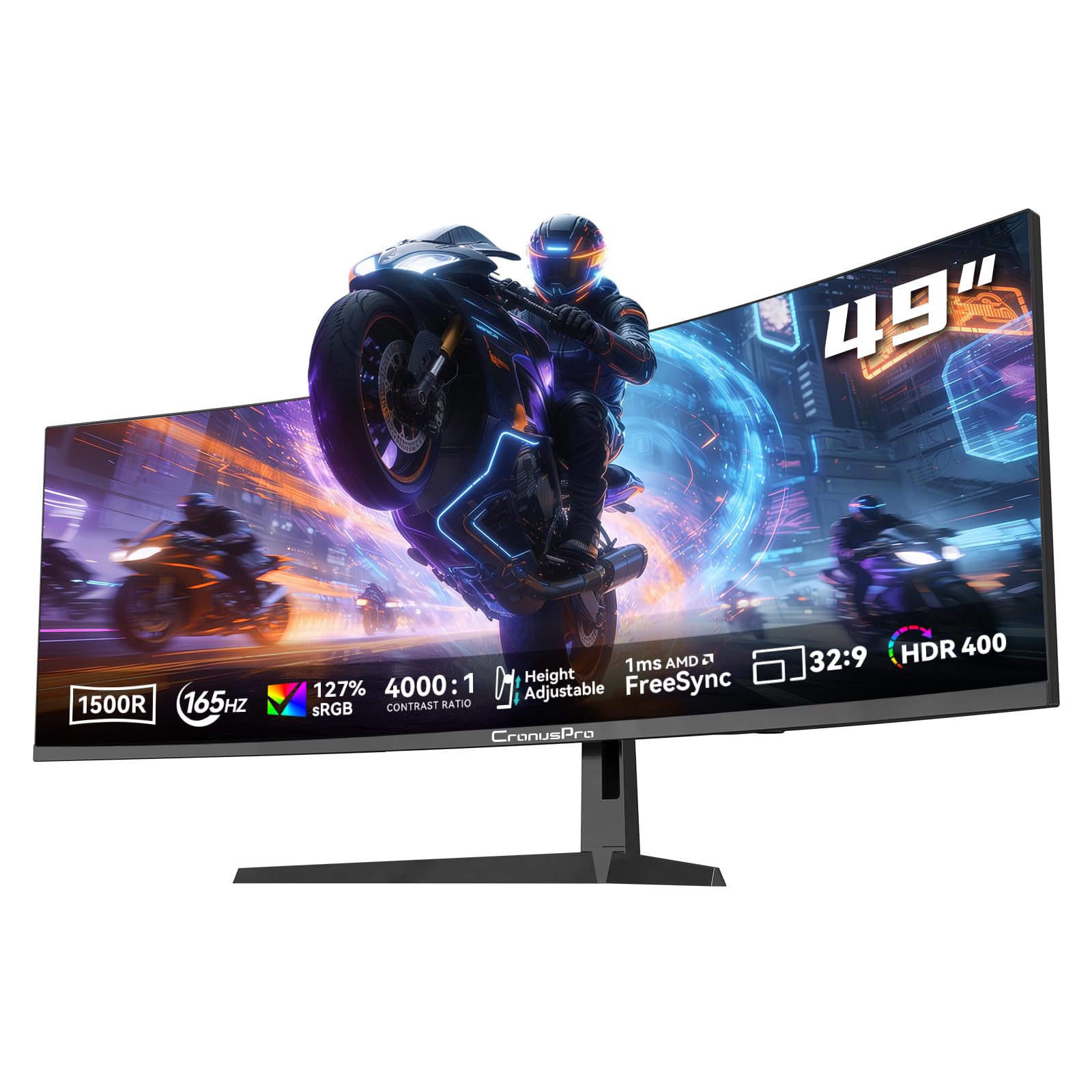 CronusPro 49 Zoll Ultrawide Curved Gaming Monitor, 165Hz, DQHD (5120 x 1440) Höhenverstellbar, 1ms MPRT, AMD FreeSync, 32:9, 4000:1, HDR400, 127% sRGB, 1500R, HDMI*2/DP*2, VESA, PC Bildschirm Schwarz
