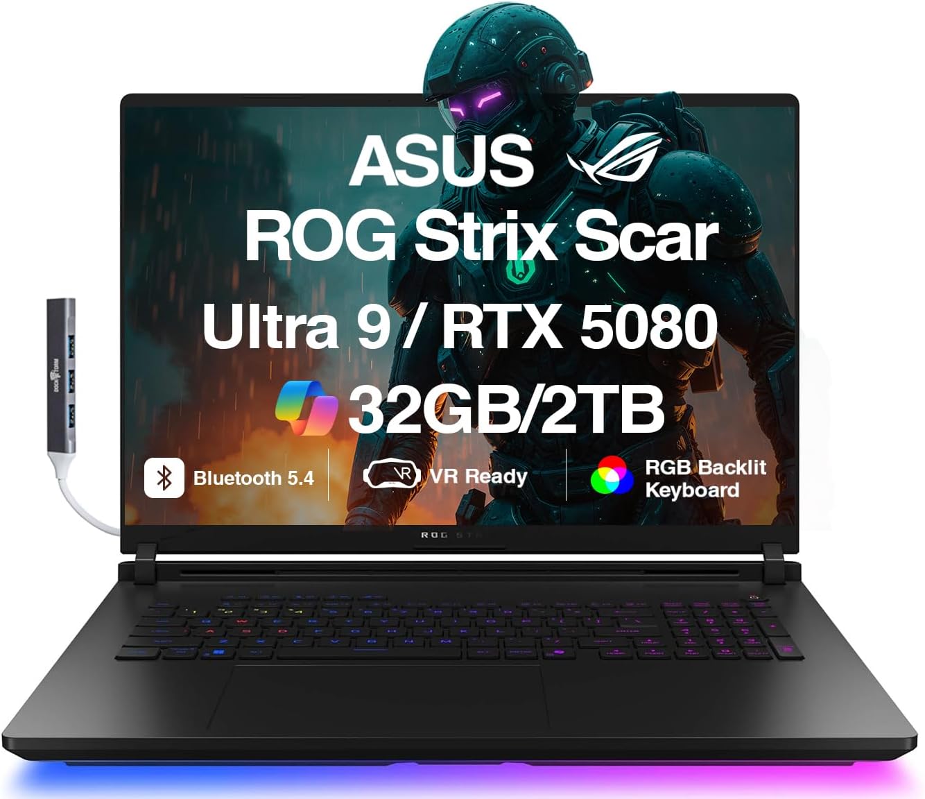 ASUS ROG Strix Scar AI Gaming Laptop 18" 240Hz Mini LED WQXGA Display (Intel Ultra 9-275HX, GeForce RTX 5080 16GB, 32GB DDR5, 2TB SSD, RGB KB, Win 11 Pro) w/DKZ USB Port Expander