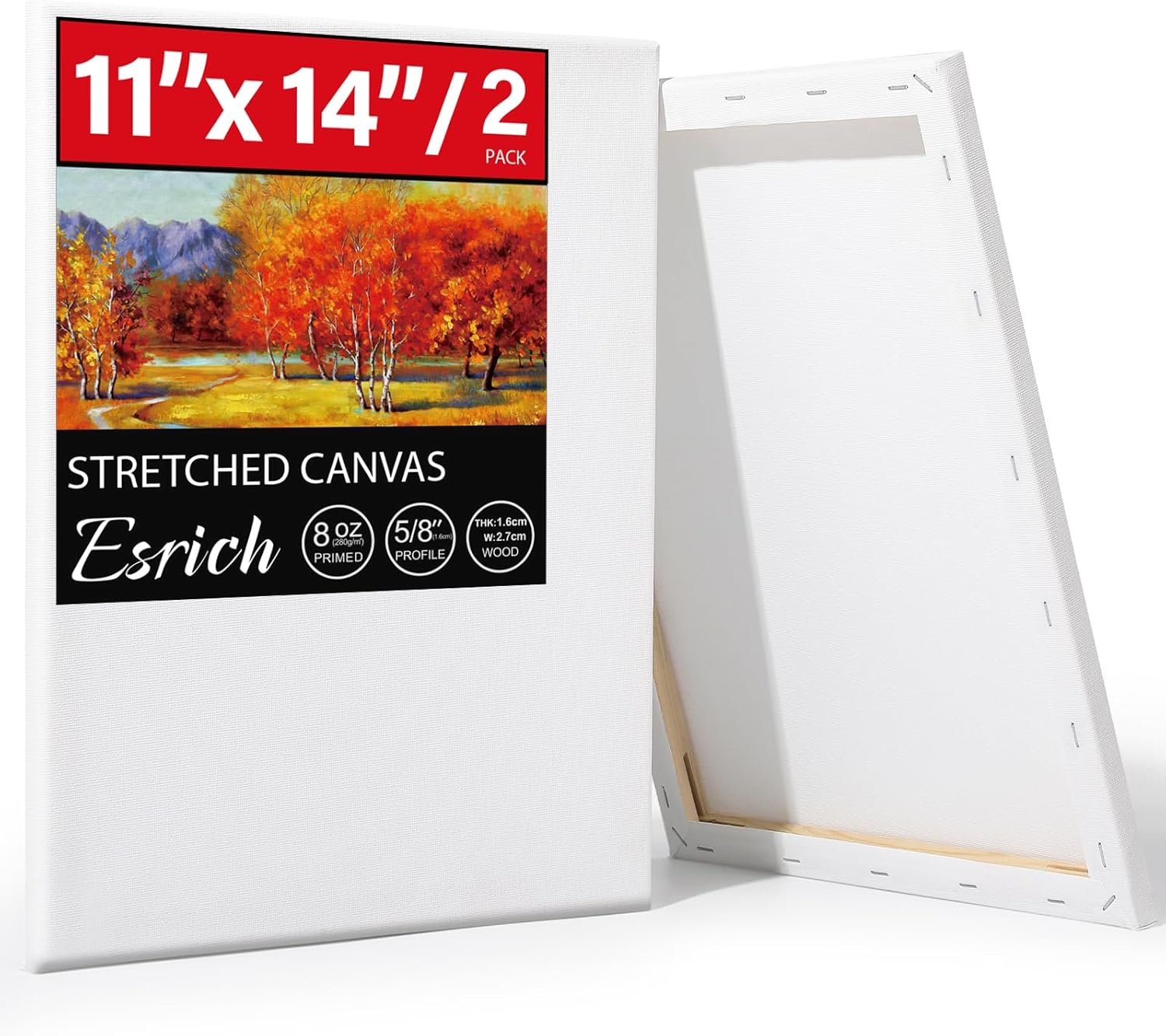 ESRICH Stretched Canvas for Painting 11x14 Inch, 2 Pack Blank Canvas -5/8 in Profile Primed White Canvases for Painting for Oil & Acrylic Paint.