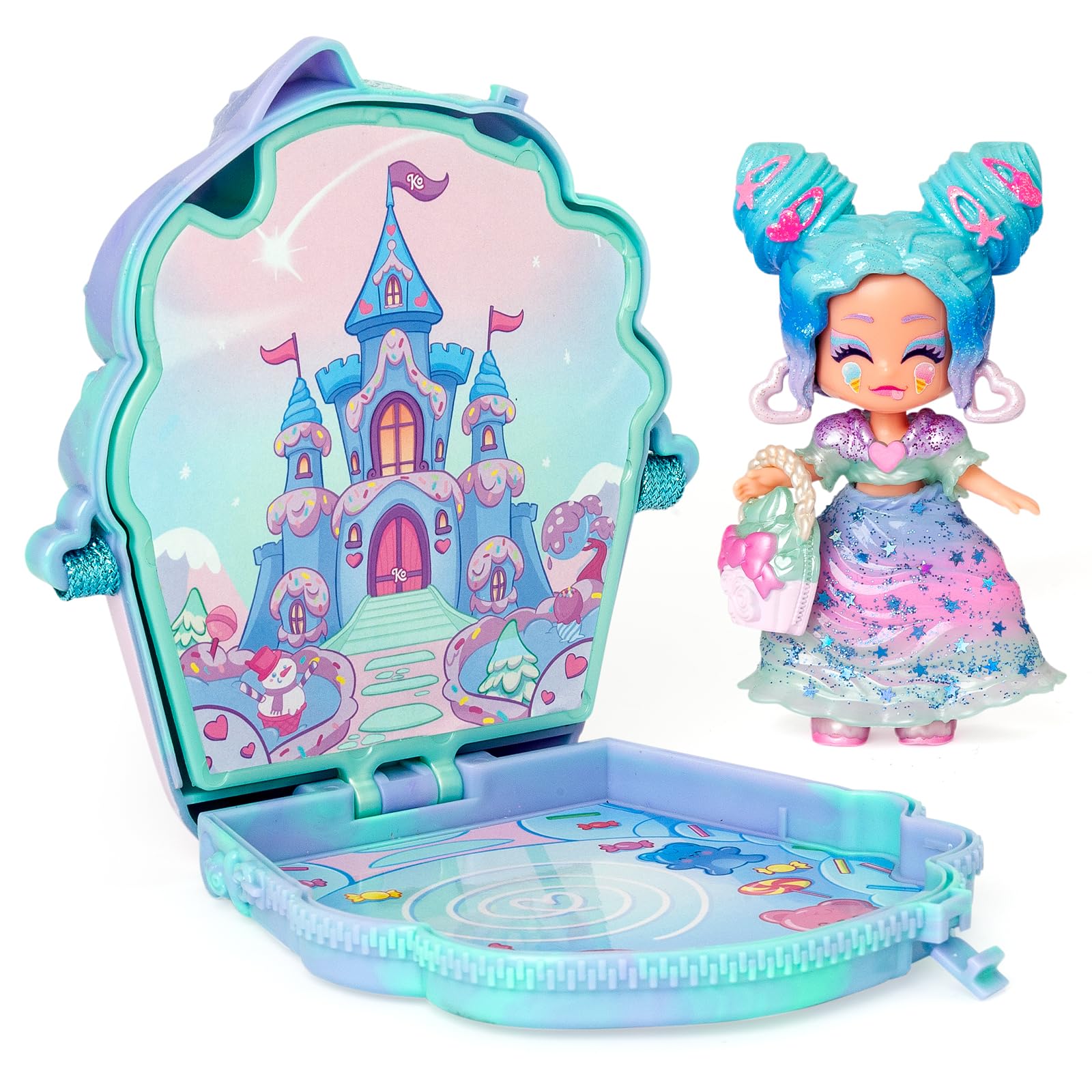 KOOKYLOOS CANDY LAND ICE CREAM STARS – 3 w 1 słodka stylowa lalka,zawartość:1 laleczka,3 stroje,2 pary bucików, mały jednorożec,przekąska, akcesoria Mix&Match i niebiesko-turkusowa torebka babeczka.