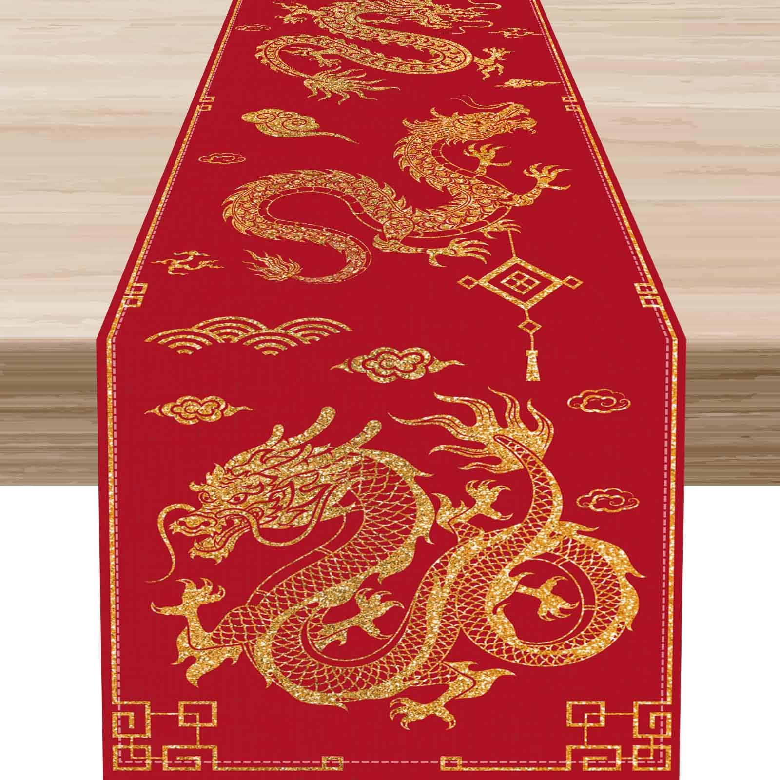 Chinese Dragon Table Runner, Japanese Traditional Zodiac Dragon Spring Festival Asian Style Red Gold Table Center Decor for Home Kitchen Dining Patio