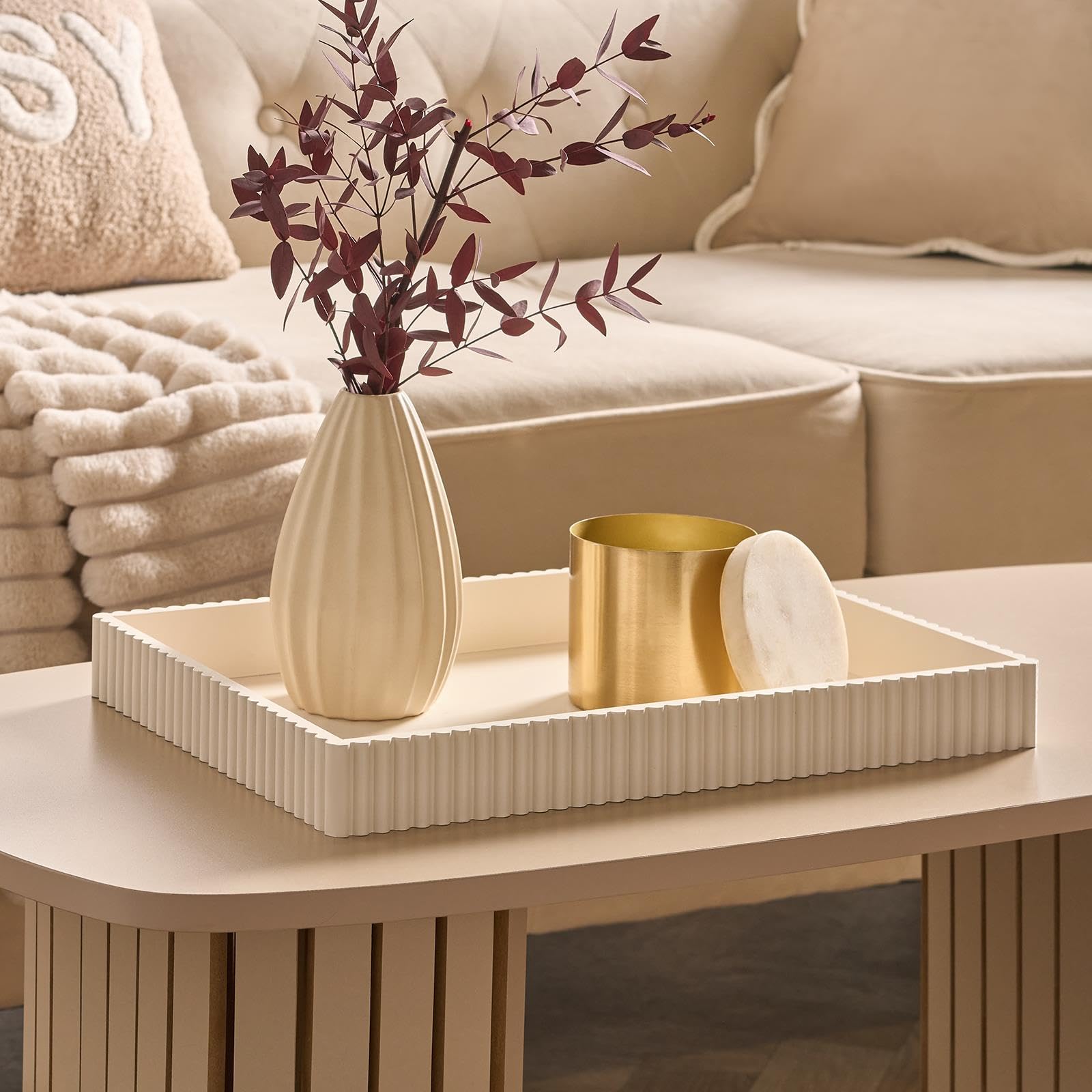 Ohs Cream Rectangle Decorative Tray, Ribbed Coffee Table Tray Modern Centrepiece Decoration Kitchen Counter Candle Holder Plastic Organiser Accessory Trays,