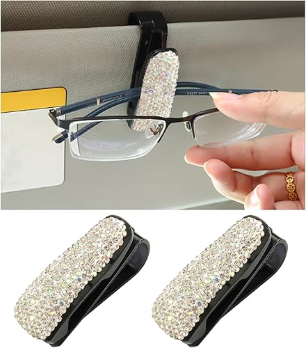 Miniatura 1 de 2 soportes para lentes para visera solar de automóvil, diamantes de imitación de cristal brillantes con clip para tarjeta de boleto, accesorios