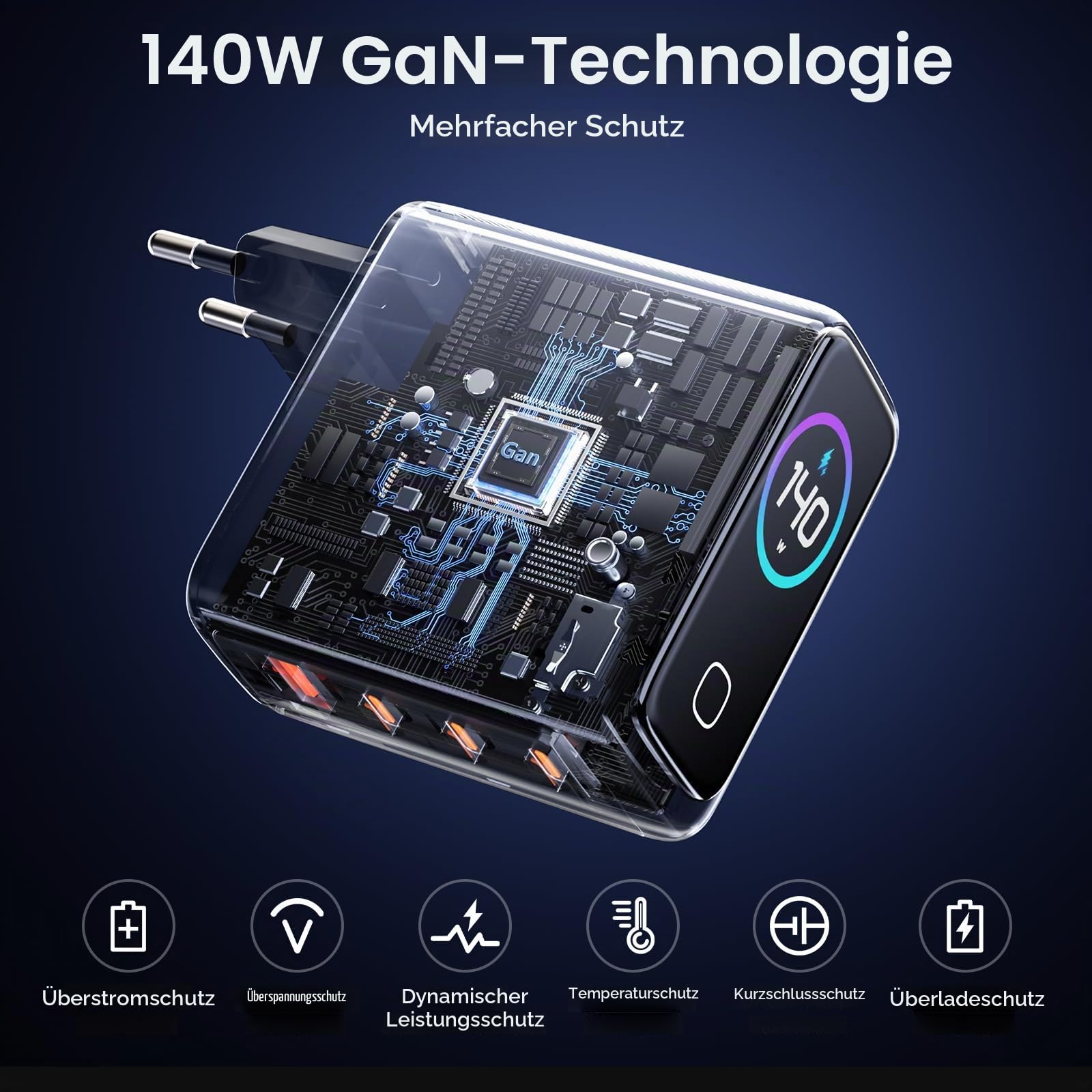 Hichain USB C Ladegerät 140W,Laptop Ladegerät, 4-Port Multi-Geräte Schnellladeleistung, Fortschrittliches GaN Netzteil,Ultra-schnelles 140W Laden bei 1,PortTouch Control